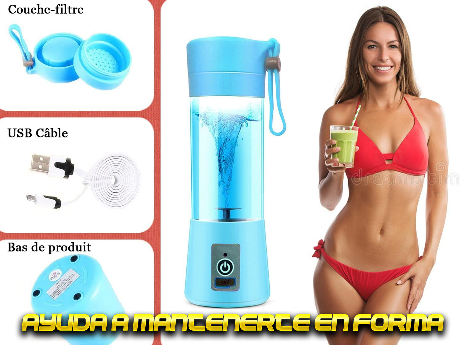 Mujer en bikini sosteniendo bebida verde junto a licuadora portátil azul y componentes.
