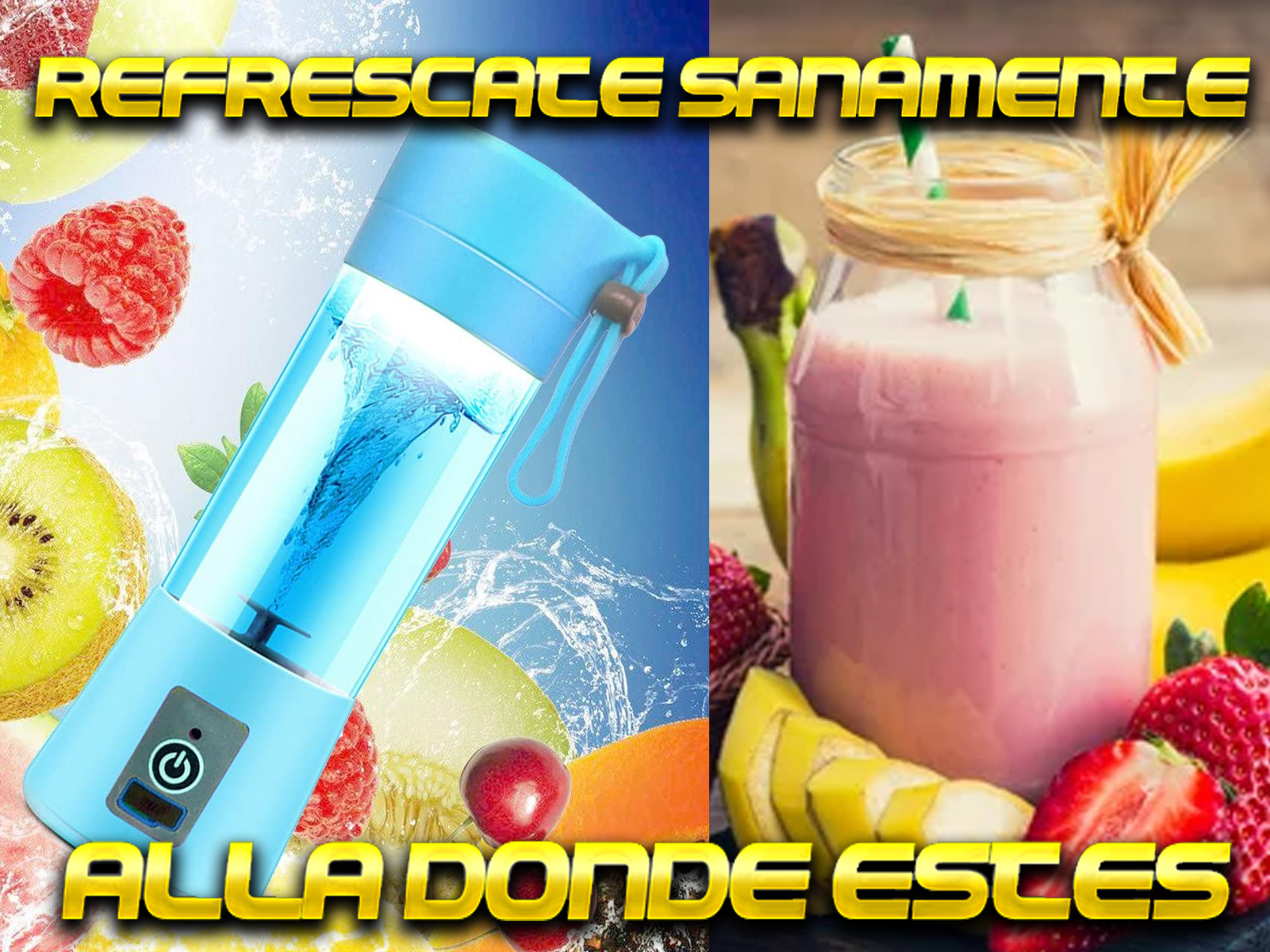 Una licuadora con fruta y un batido rosa en un frasco. Combinación de colores azul y amarillo en la imagen.