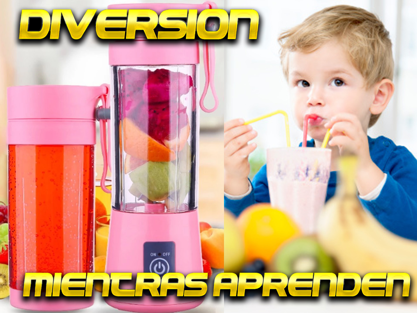 Imagen de licuadora rosa y niño bebiendo batido rosa. Texto: "Diversión mientras aprenden".