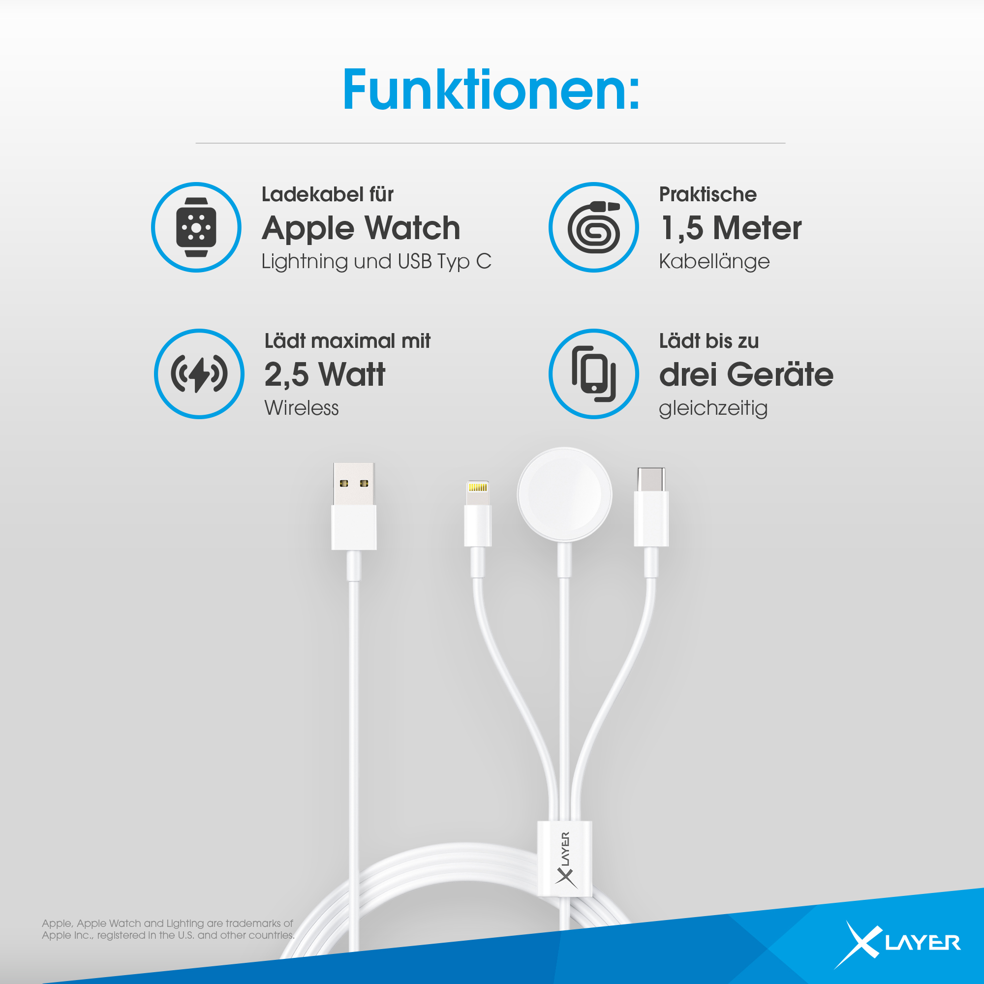 Weißes Ladekabel mit mehreren Köpfen für Apple Watch und andere Geräte.