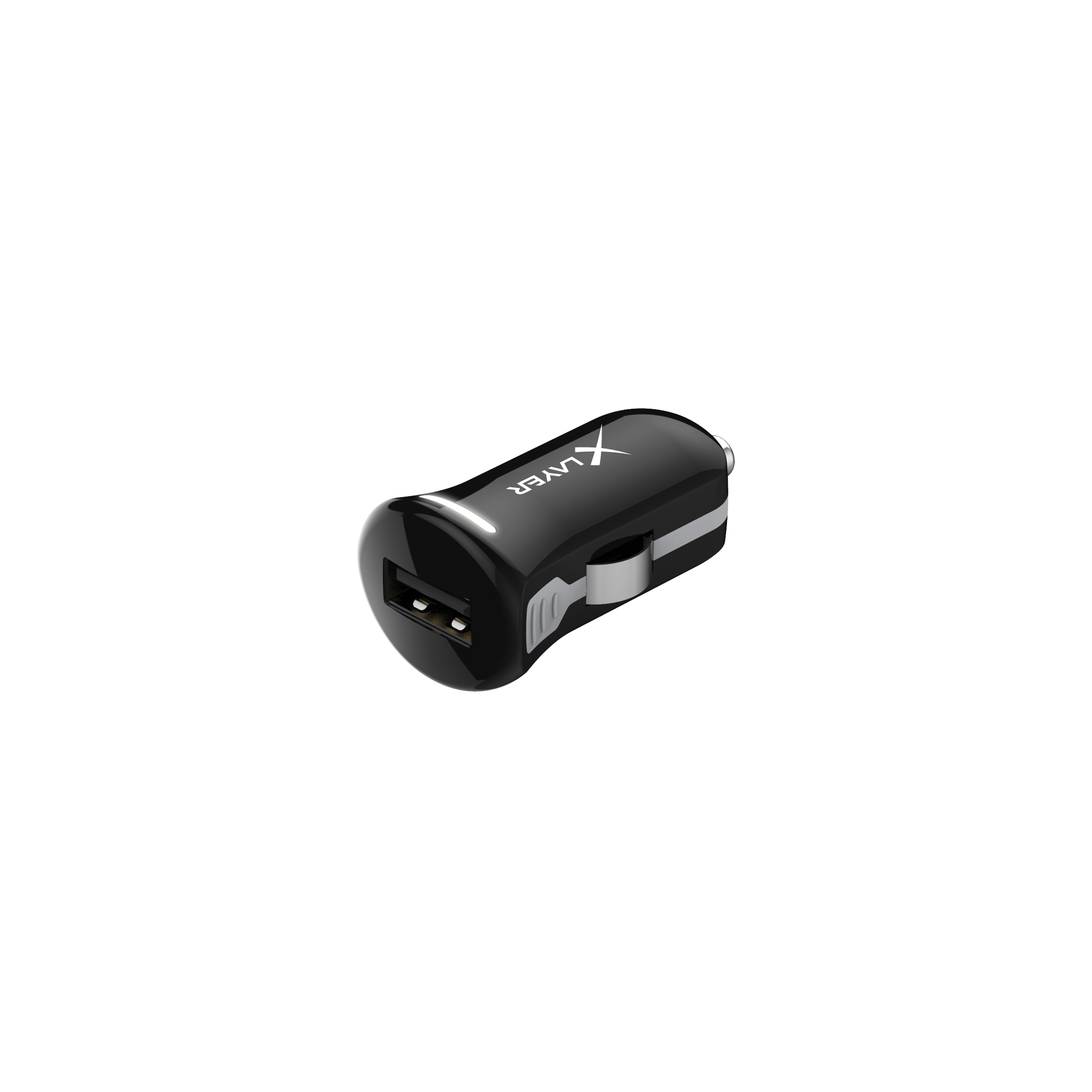 Schwarzes USB-Autoladegerät mit Xlayer-Logo, mit silberfarbenem Ladeanschluss.