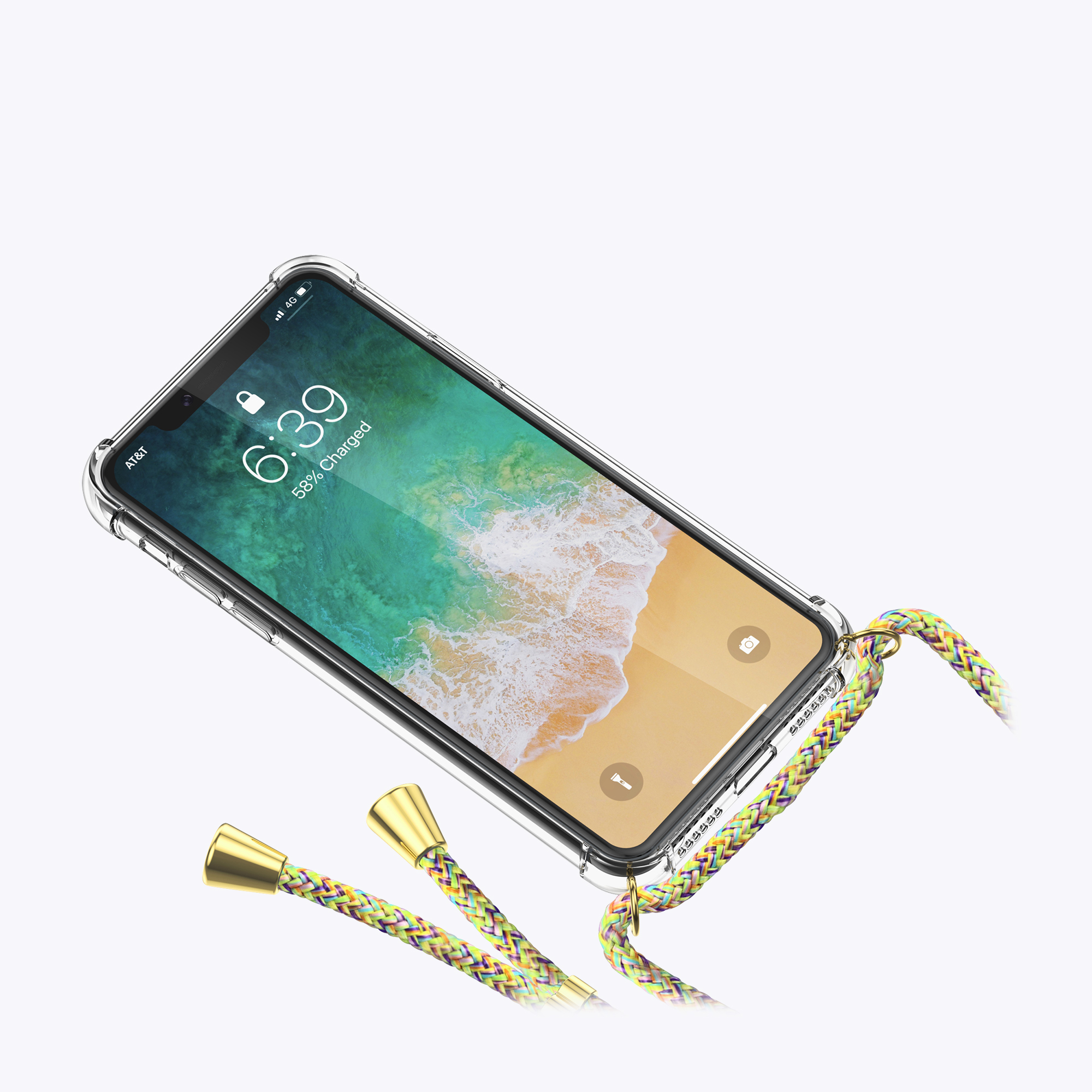 Eine transparente Handyhülle mit einem bunten Schlüsselband. Das Telefon zeigt eine Strandszene.