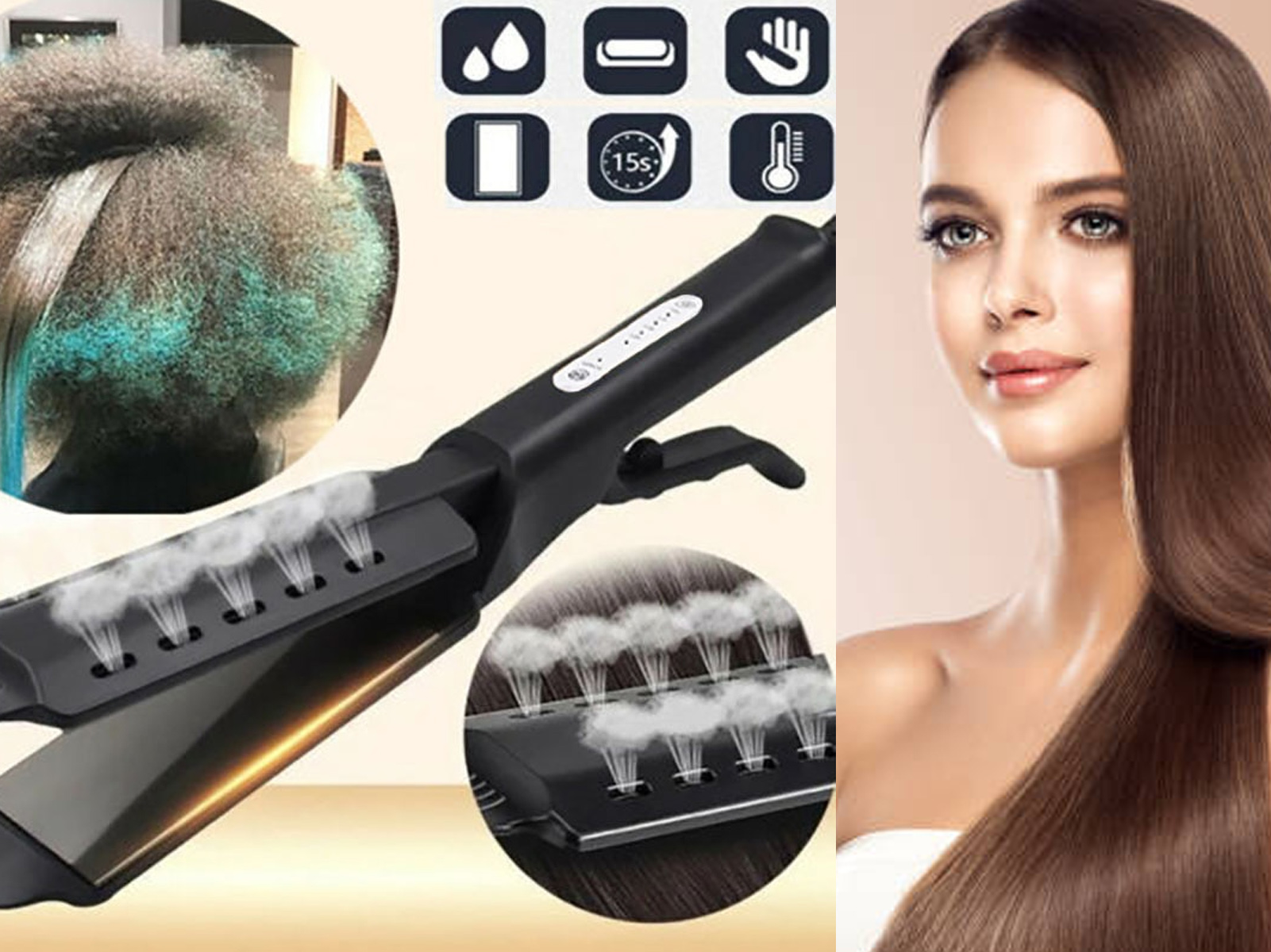 Herramienta para alisar el cabello con vapor y una mujer con cabello liso. Muestra resultados antes y después.