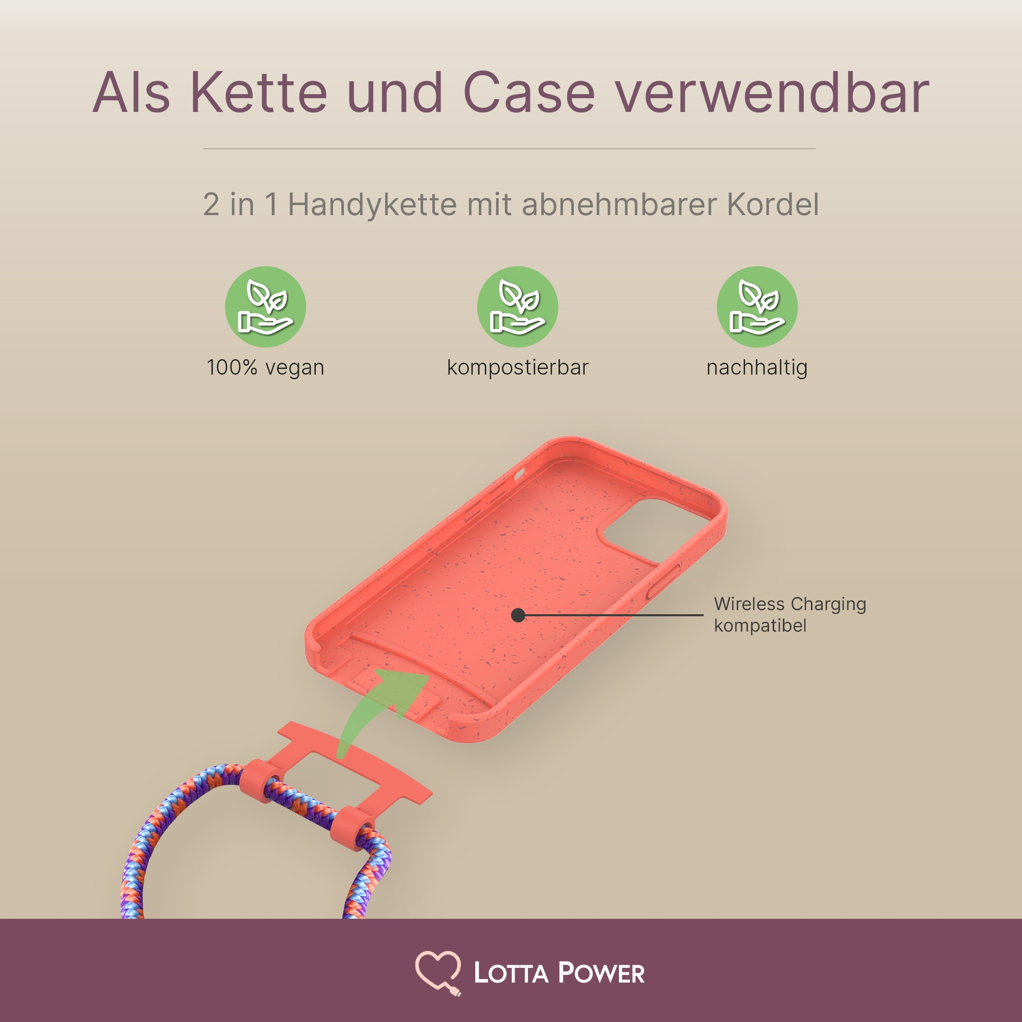 iPhone LottaPower Apple, Coral/Rose 12/Pro, Umhängetasche, XLAYER Handy-Kette, Bio