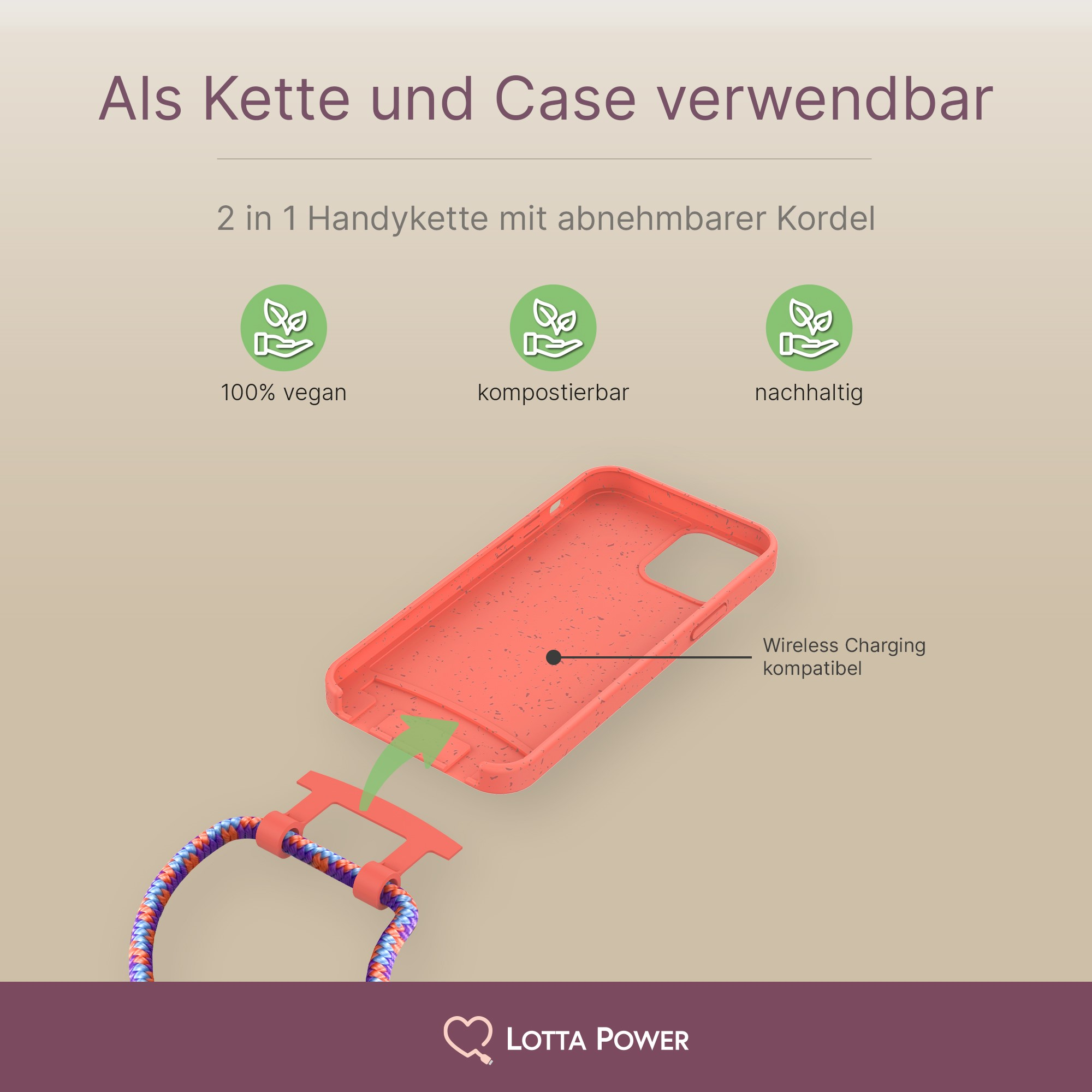 Rote Handyhülle mit Trageband und veganen, kompostierbaren und nachhaltigen Symbolen.