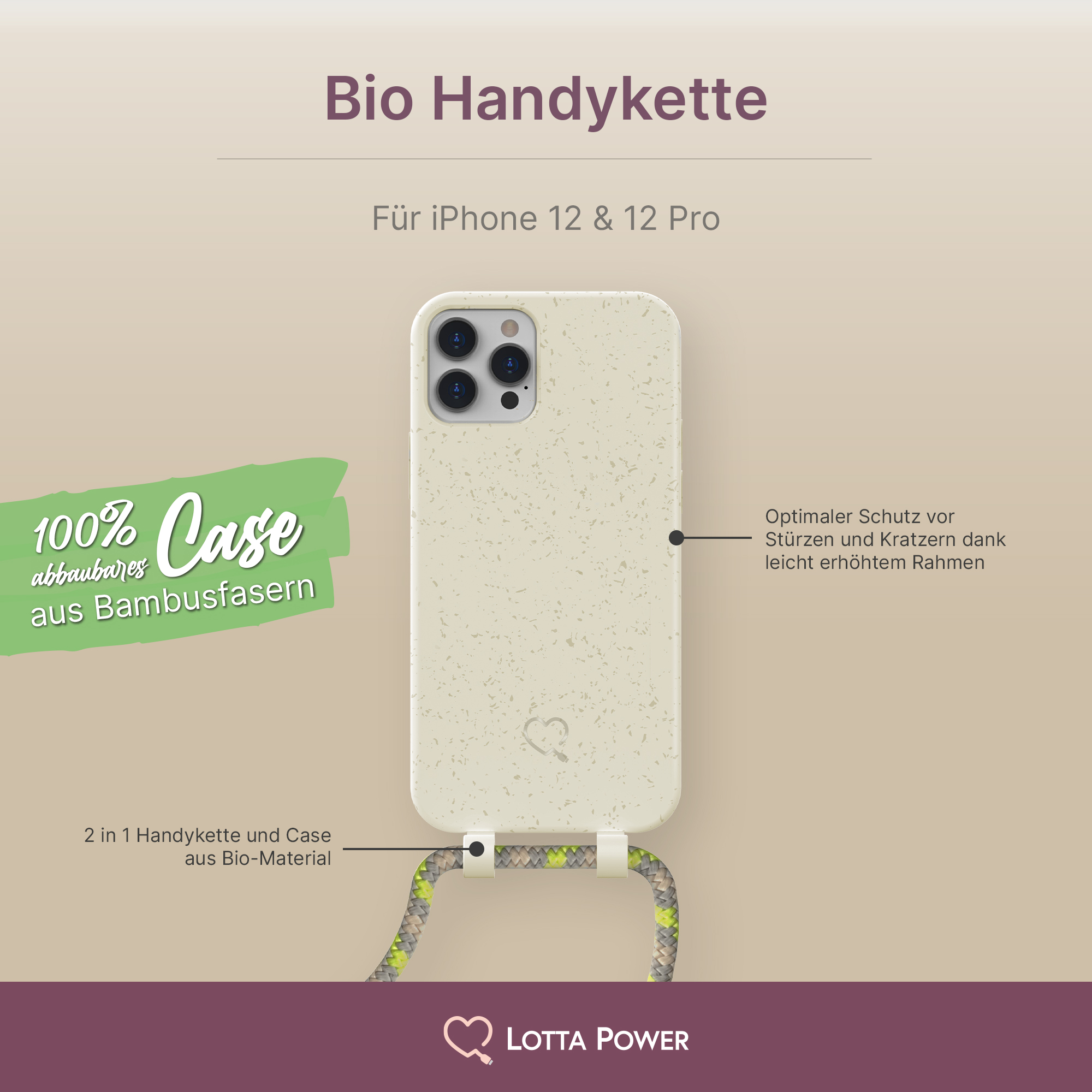 Bio 12/Pro, XLAYER Handy-Kette, Beige/Sandstone iPhone Apple, LottaPower Umhängetasche,