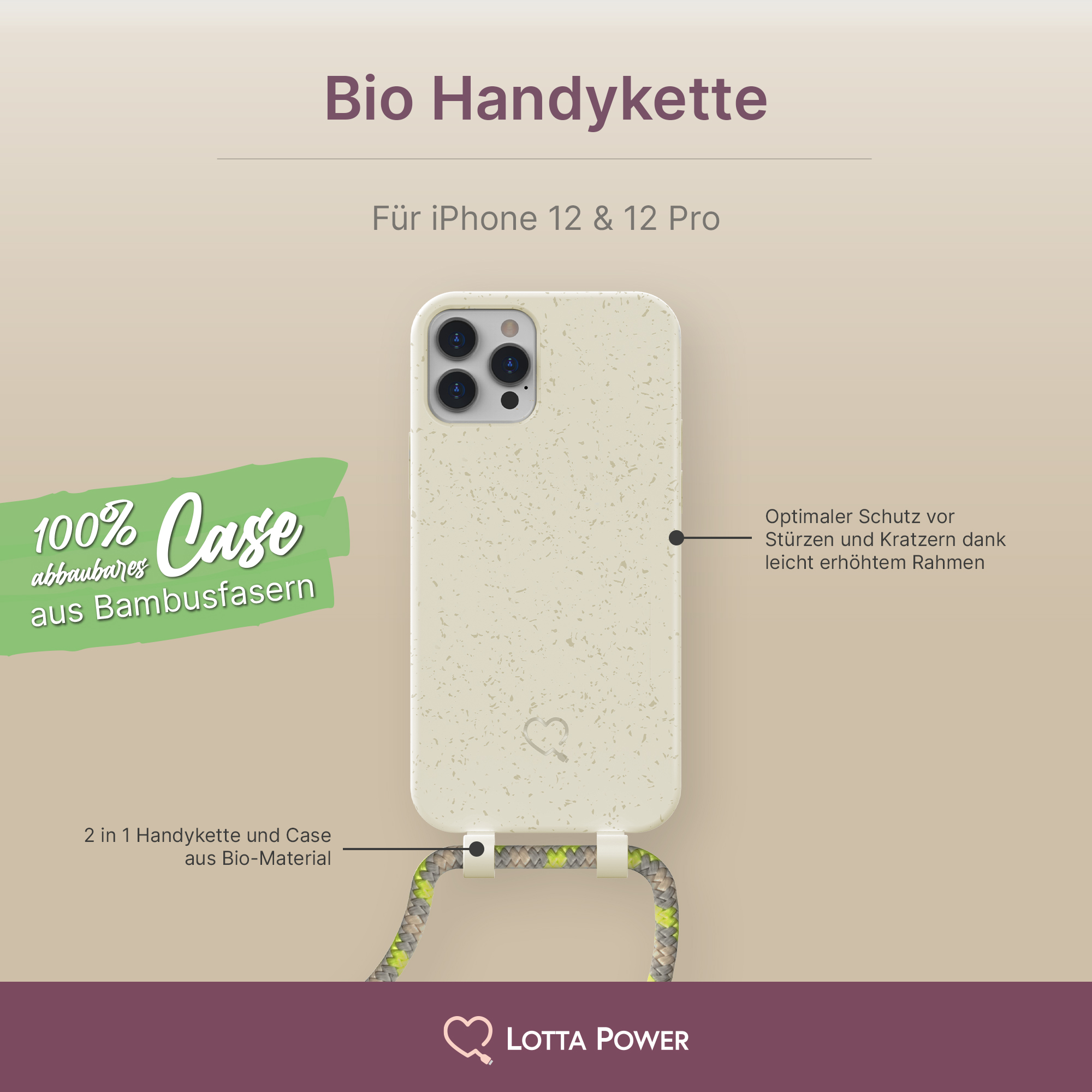 Eine cremefarbene Handyhülle mit Schnur und ein iPhone auf hellem Hintergrund.
