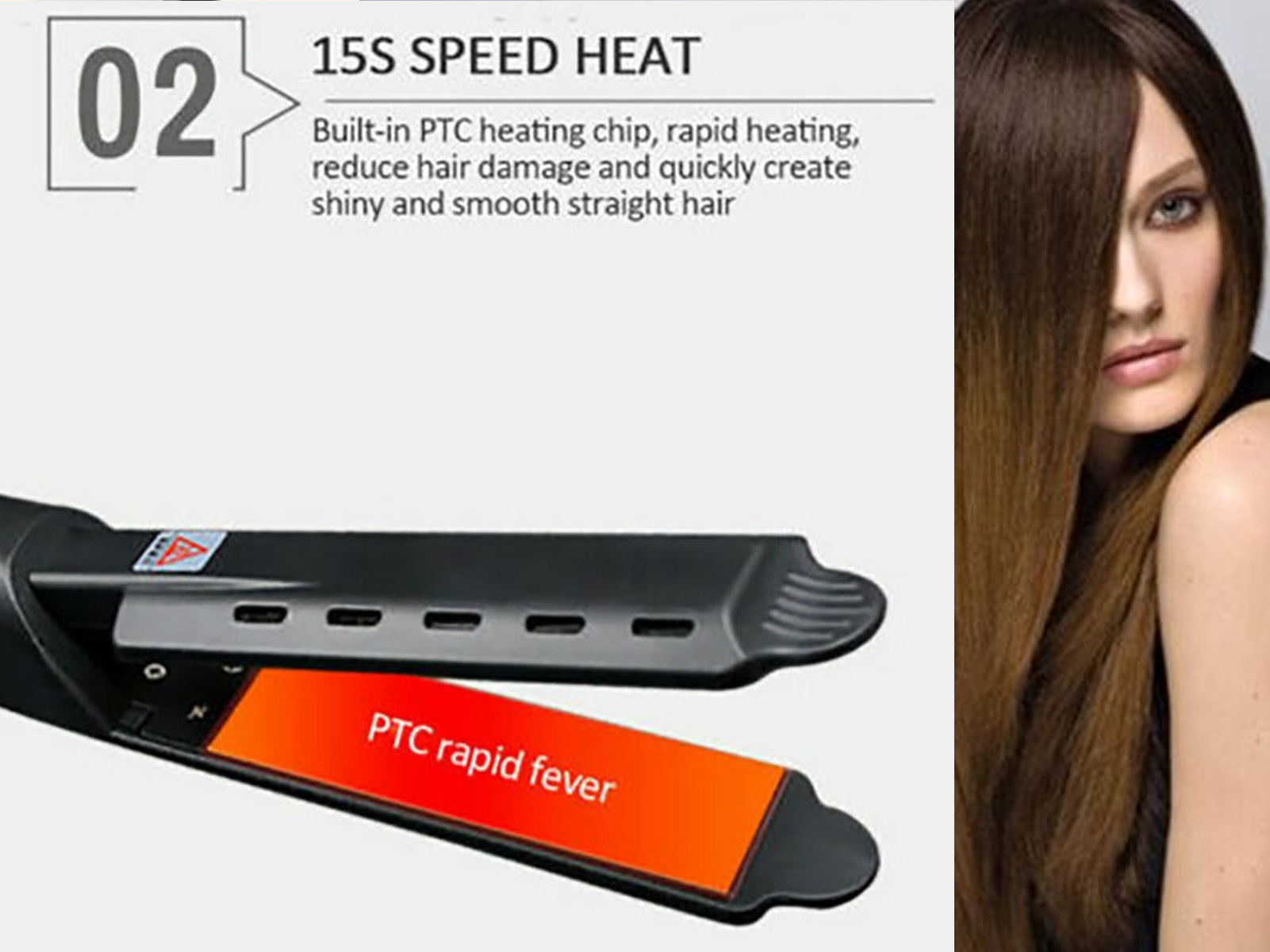 Plancha de pelo con placa naranja y texto, mujer con cabello castaño. Fondo blanco.