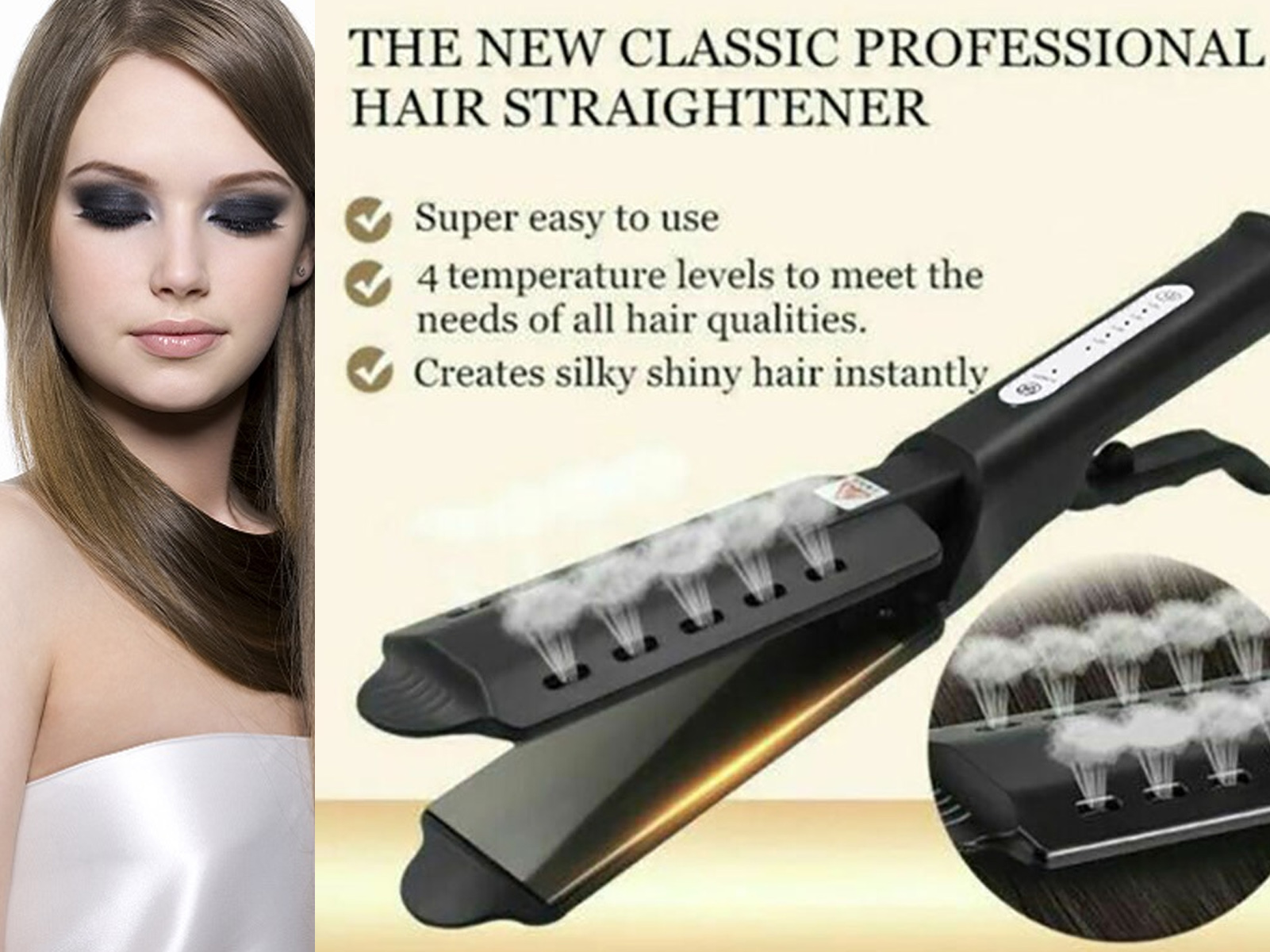 Una mujer maquillada y una plancha de pelo con vapor saliendo.