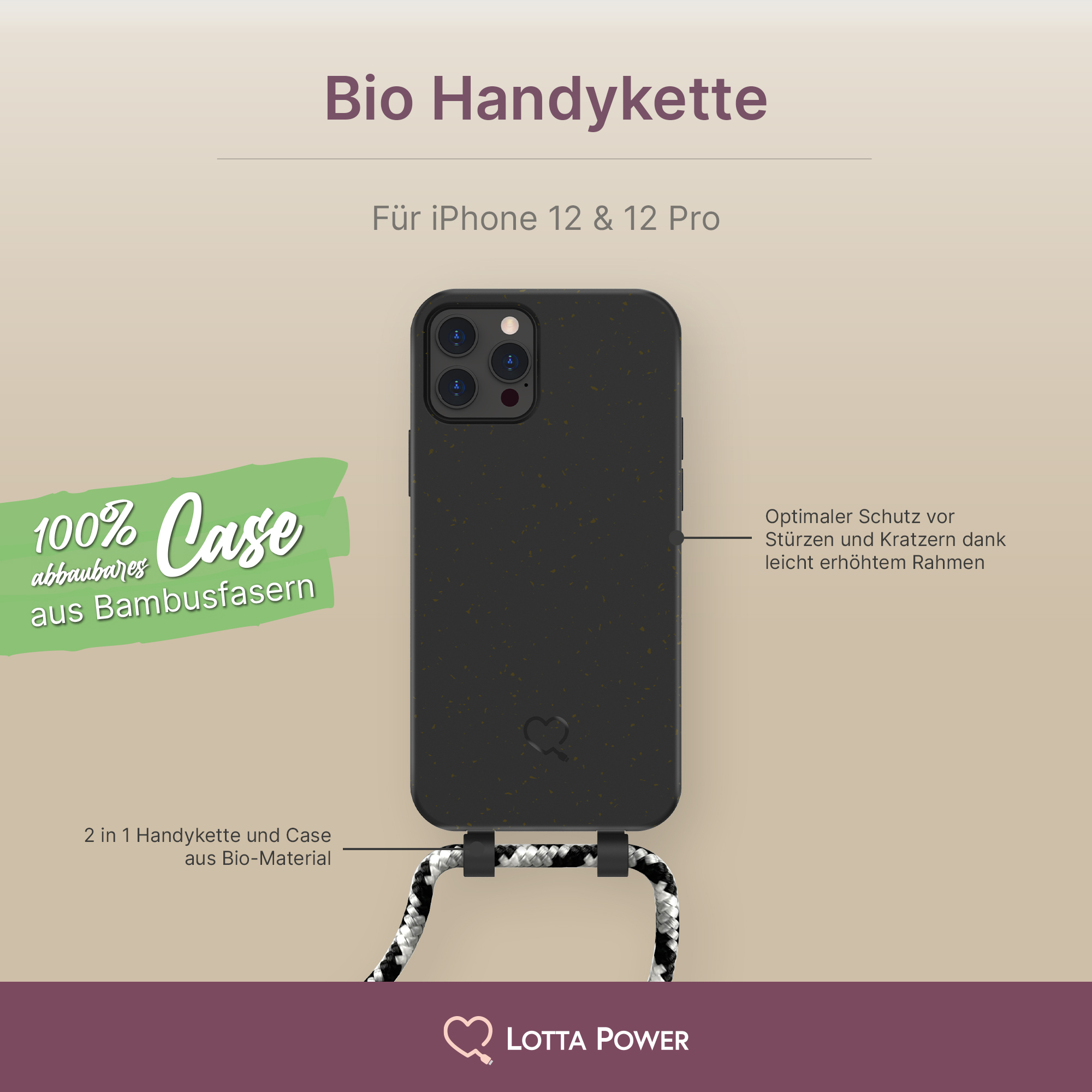 XLAYER LottaPower Bio Handy-Kette, Umhängetasche, Schwarz Apple, 12/Pro, iPhone