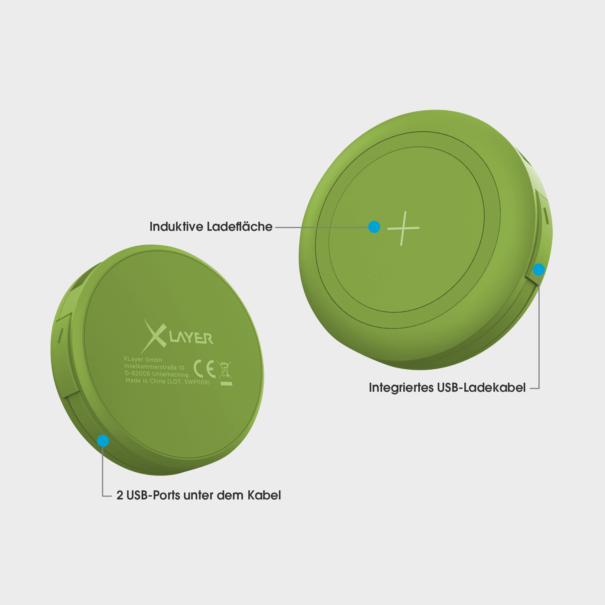 Zwei grüne kabellose Ladegeräte, eines geöffnet mit Ladefläche und USB-Anschlüssen.