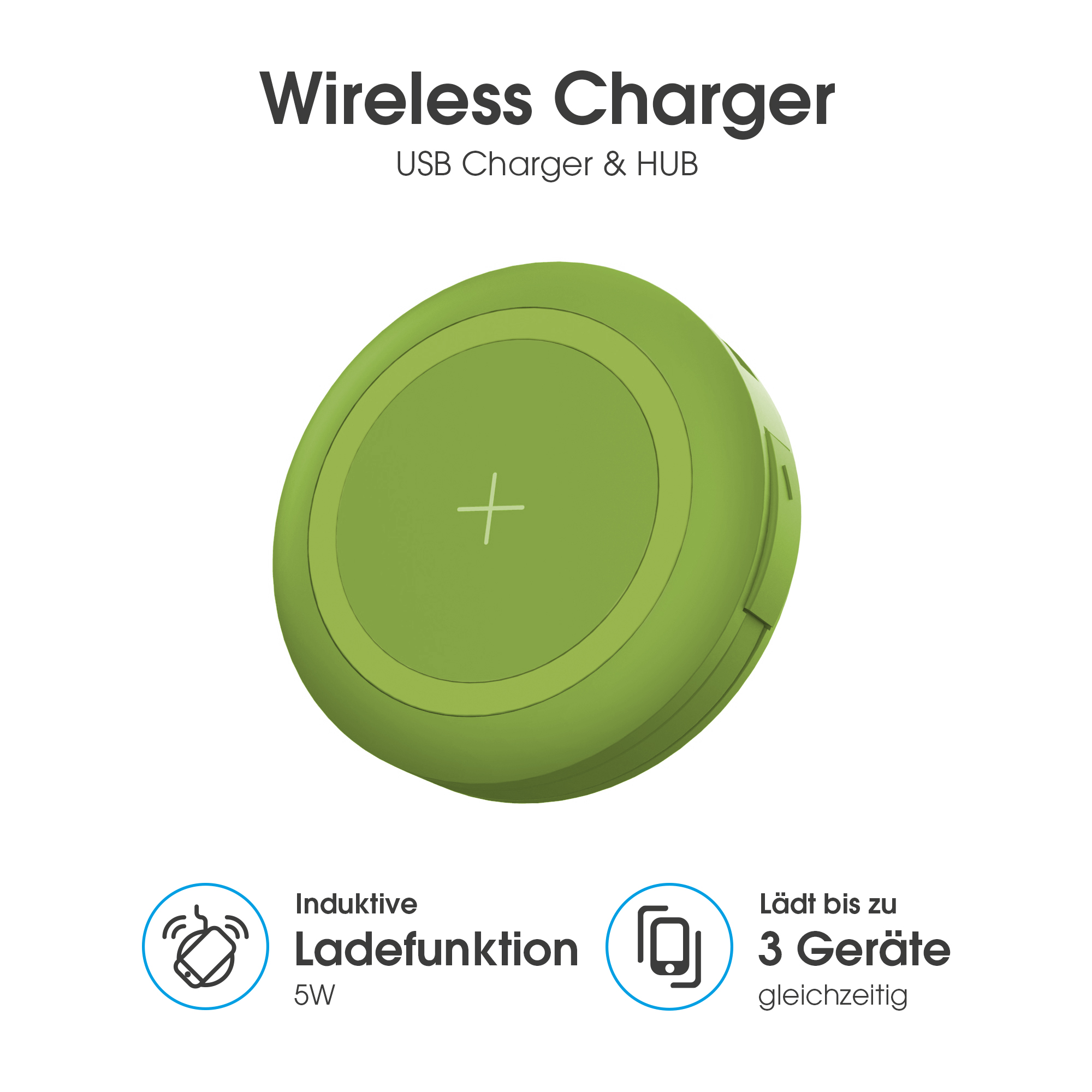 Grünes kabelloses Ladegerät mit Plus-Symbol. Text: Kabelloses Ladegerät, USB-Ladegerät & HUB.