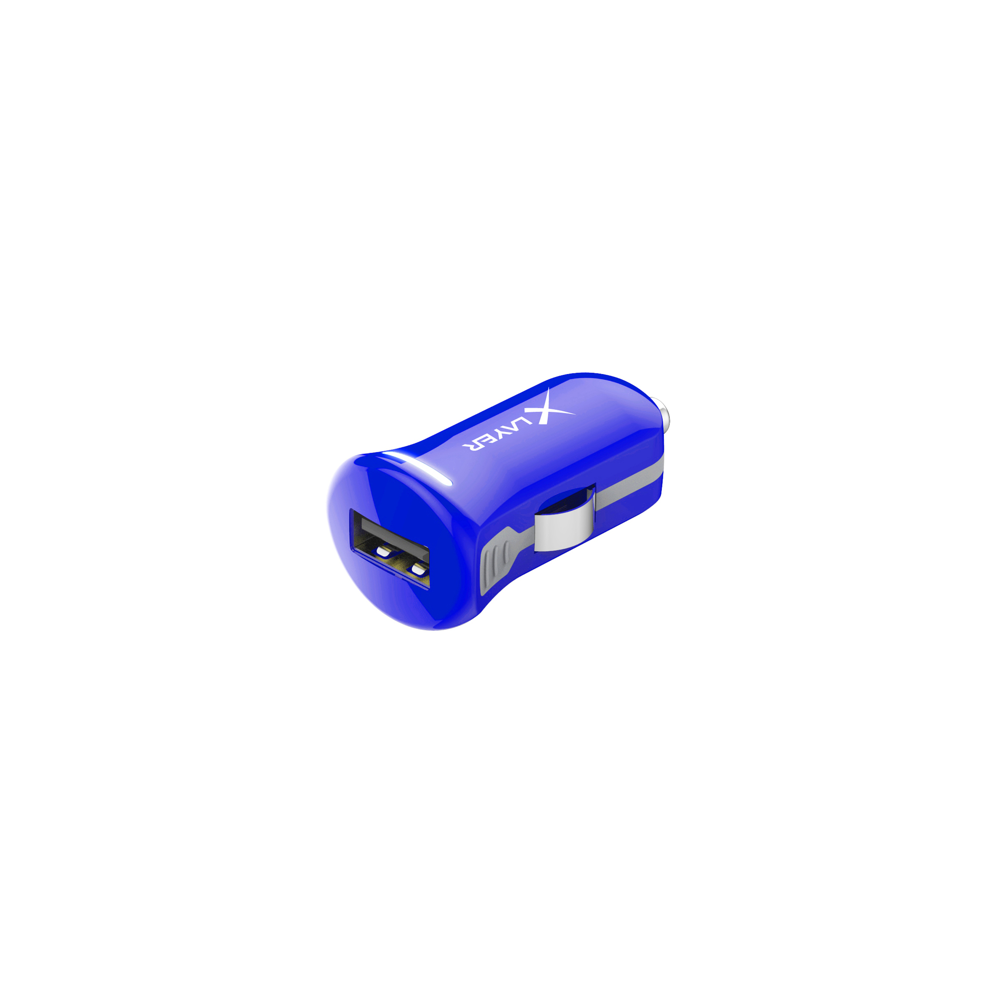 Blaues Autoladegerät mit USB-Anschluss auf weißem Hintergrund.