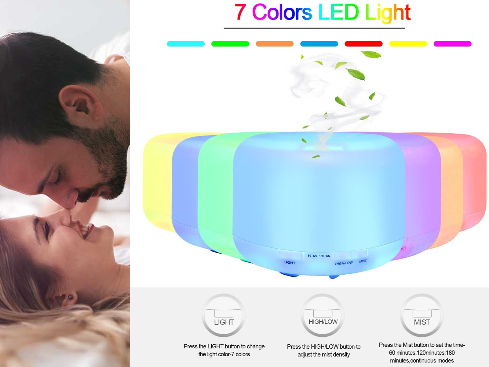 Difusor de aromaterapia con colores cambiantes. Rostro de pareja arriba izquierda.