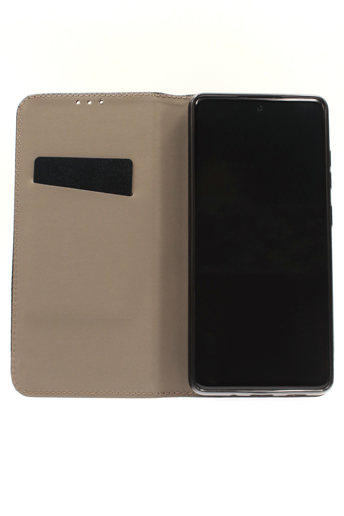 Eine offene Handyhülle mit einem Telefon darin. Der Bildschirm des Telefons ist schwarz.