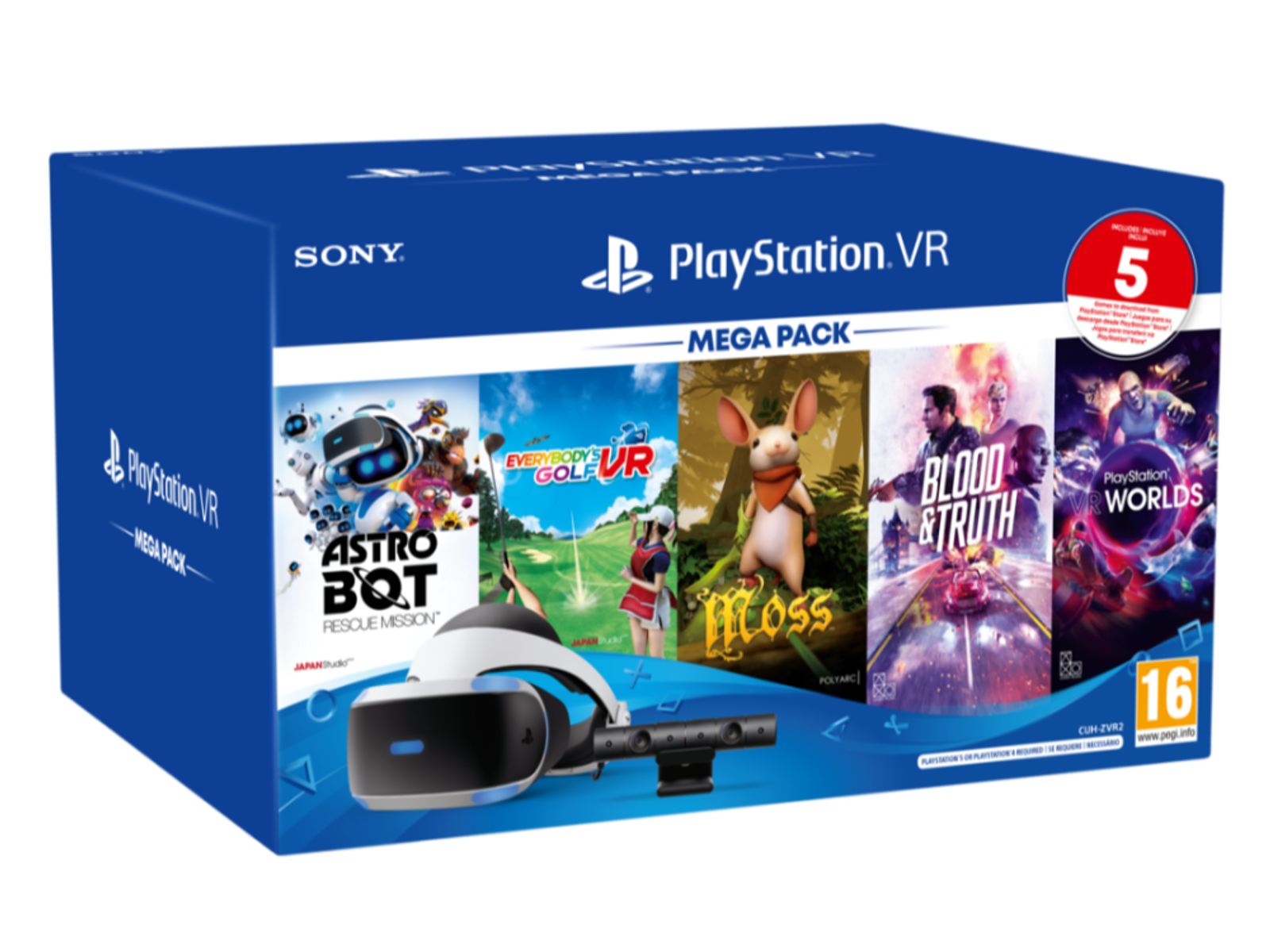 Pack VR - Sony PS VR, Para PS4/PS5, Visión 360, Camera, Negro + VRWorld + Astrobot + Golf + Moss + Blood Truth