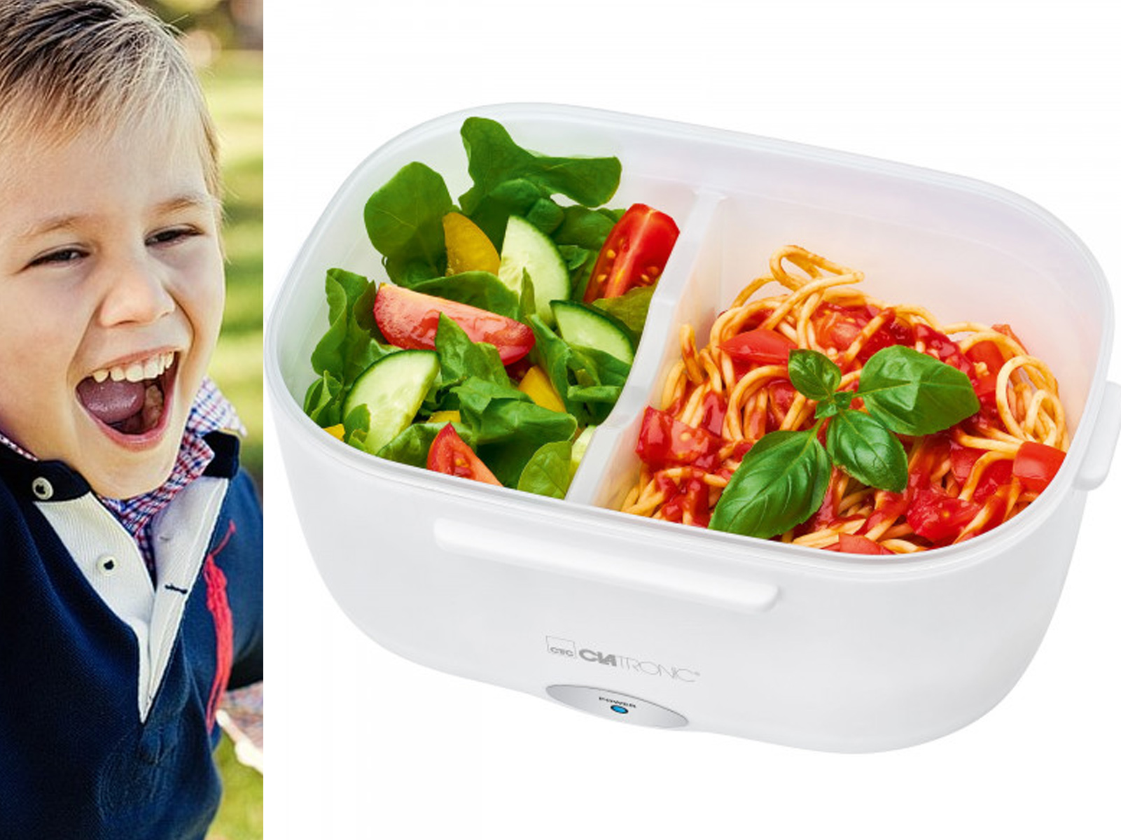 Niño sonriendo, y una fiambrera con ensalada y espaguetis con salsa de tomate.