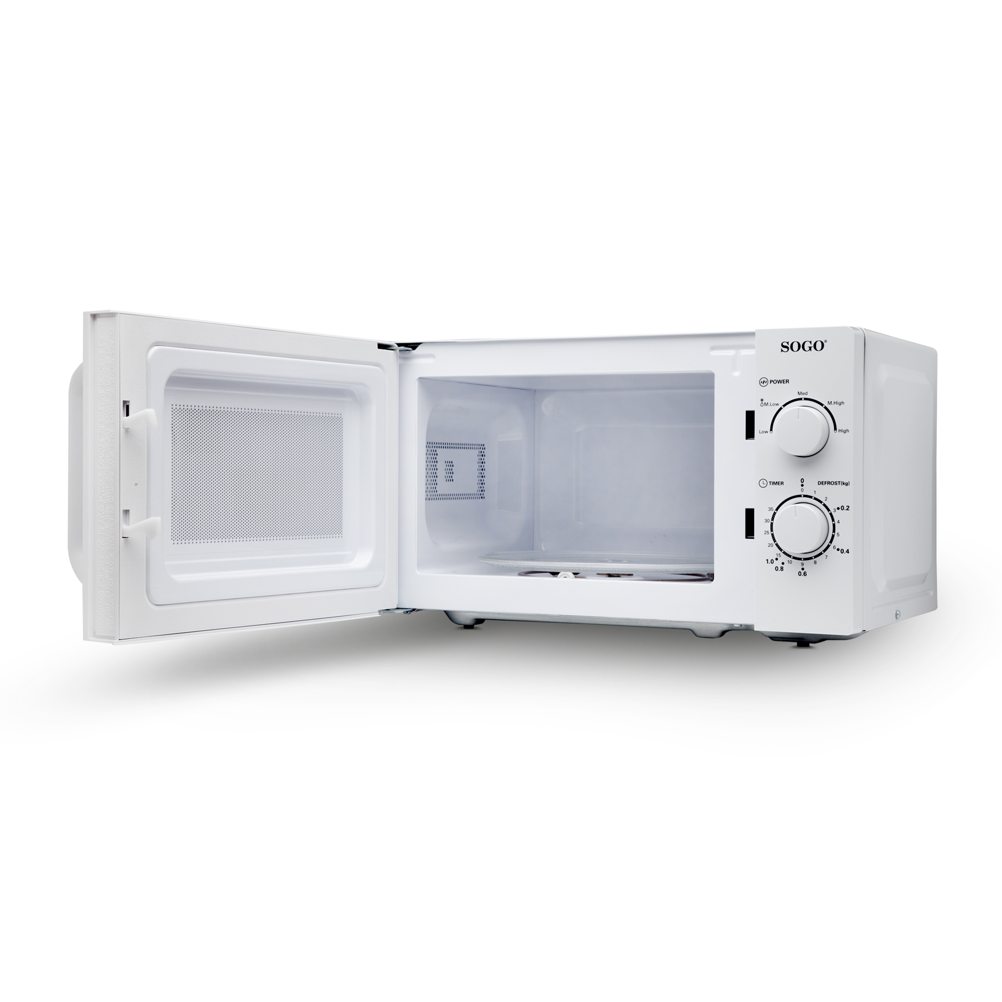 Horno microondas blanco con la puerta abierta, mostrando el interior.