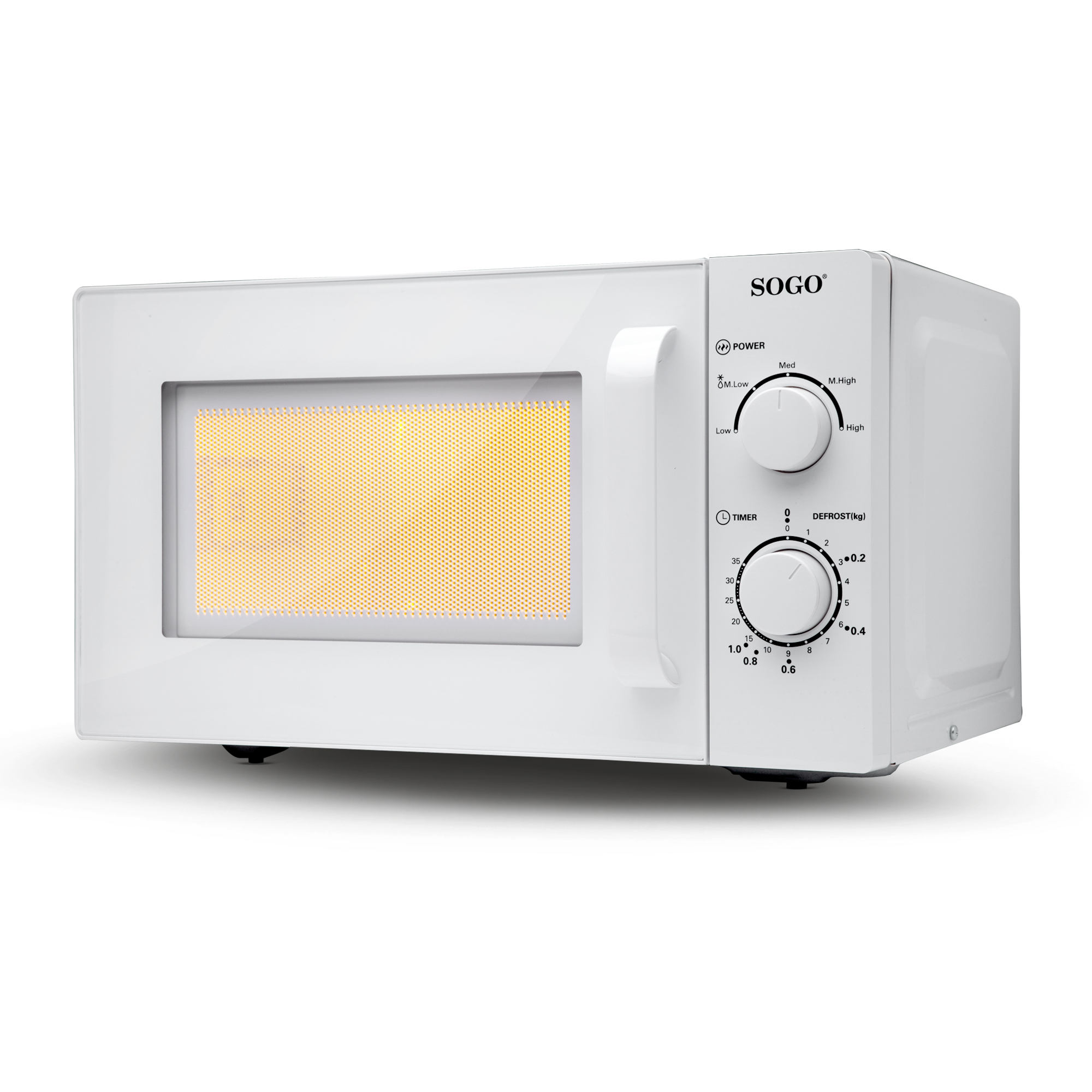 Horno microondas SOGO blanco sobre fondo blanco. Muestra los controles y un interior iluminado.