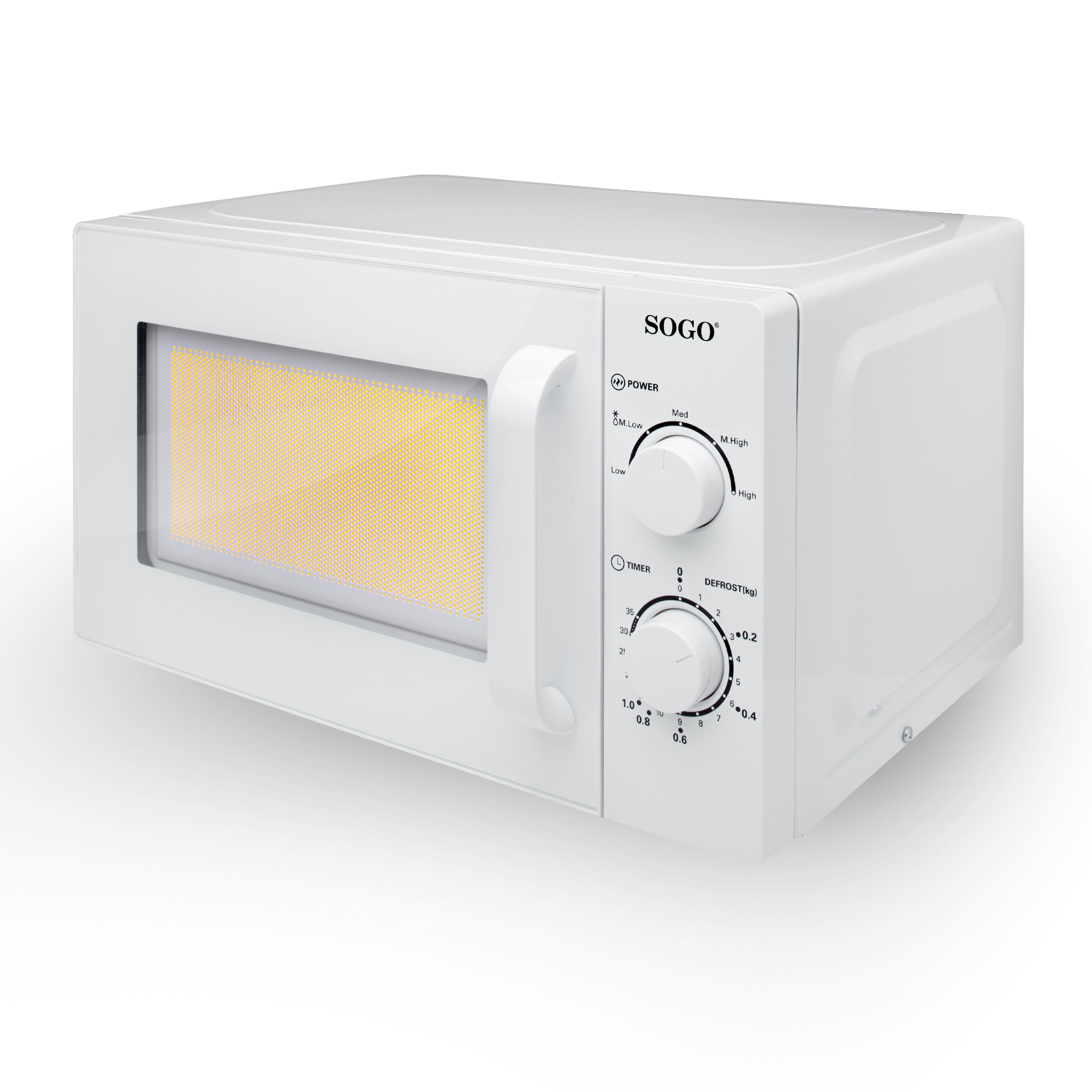 Horno microondas blanco. El microondas tiene un asa y un panel de control.