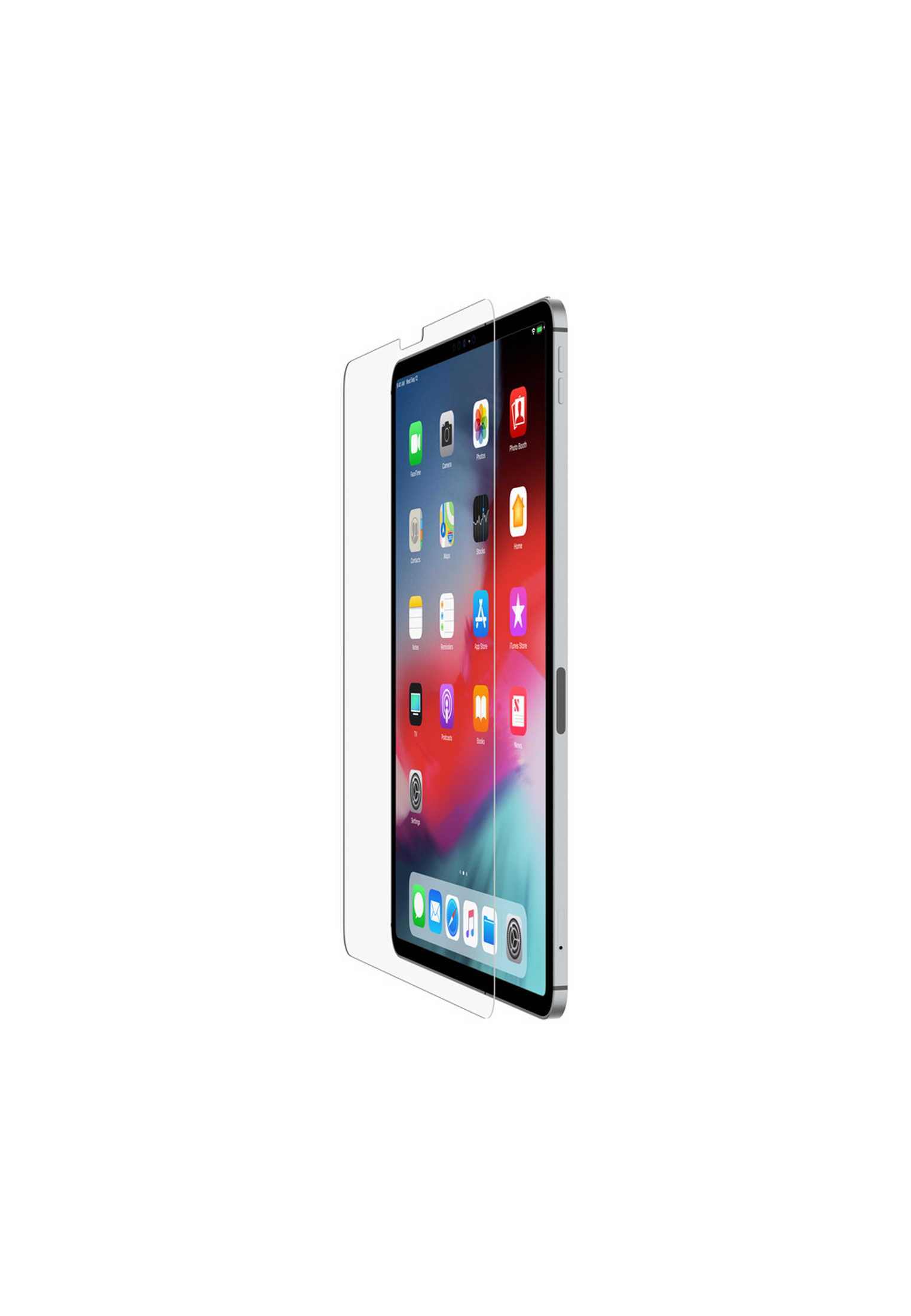 Een iPad met een schermbeschermer. Het scherm toont app-iconen. De beschermer is transparant.