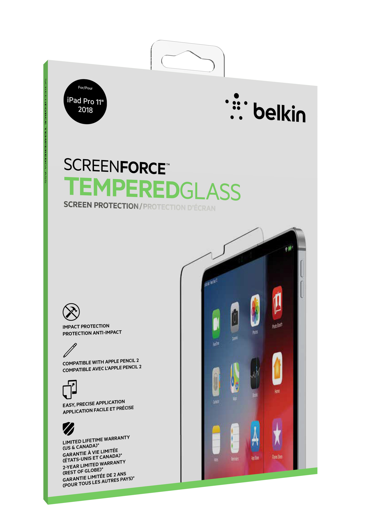 Witte en groene Belkin iPad Pro 11" 2018 schermbeschermerdoos. Tekst en afbeelding.