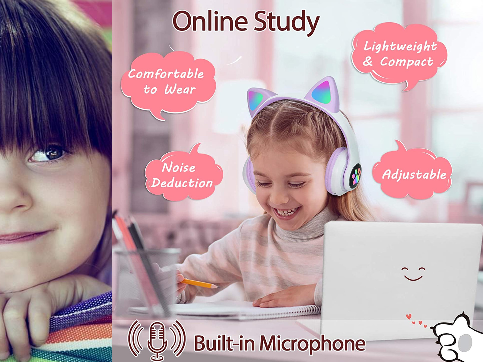 Niña usando auriculares de orejas de gato, usando una laptop con burbujas de texto.