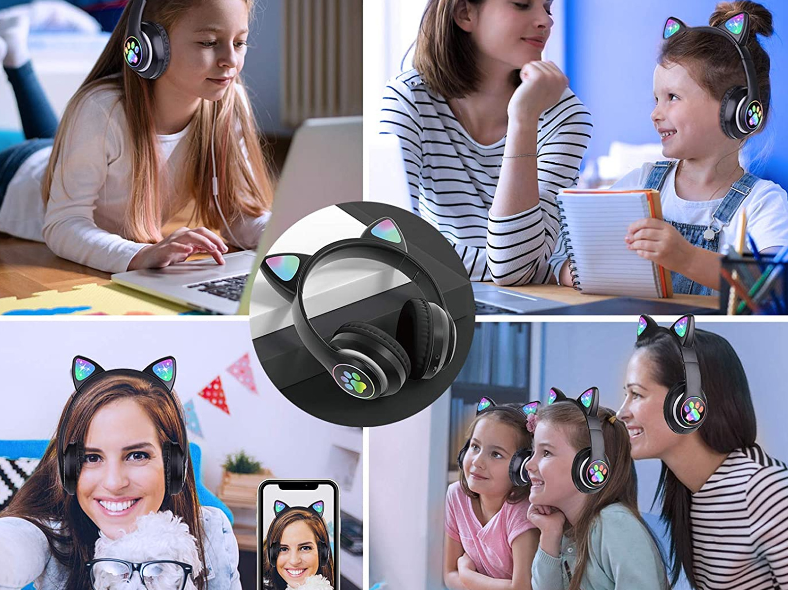 Collage: chicas con auriculares de orejas de gato, auriculares centrales y una mujer con teléfono.