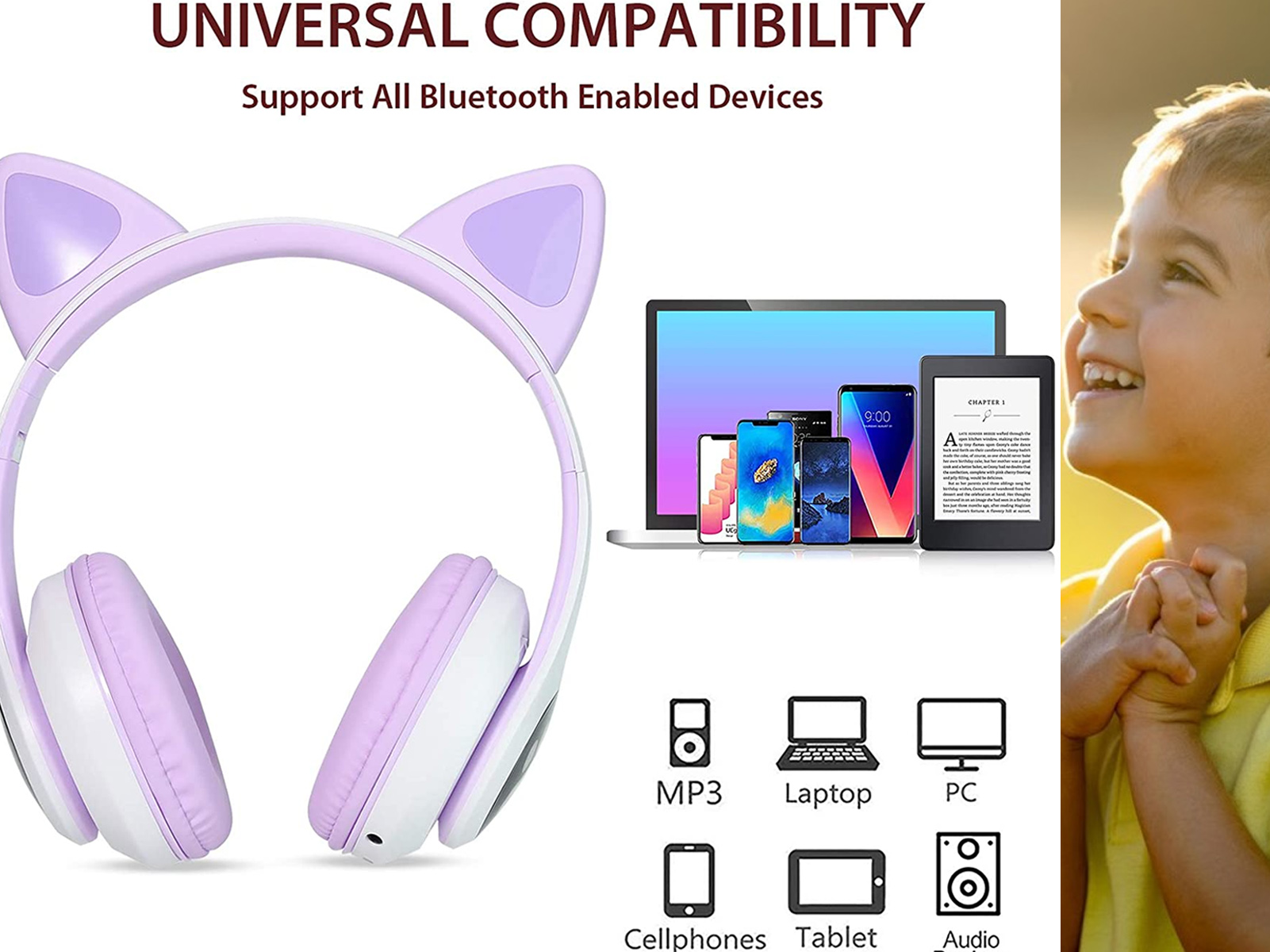 Auriculares, diseño de orejas de gato, sobre una mesa blanca. Teléfonos, tableta, portátil y reproductor MP3 son visibles.