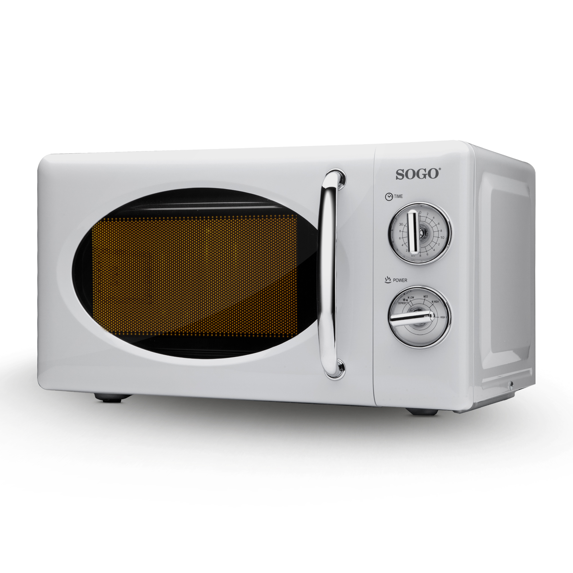 Un forno a microonde Sogo bianco con quadranti per tempo e potenza. Ha una maniglia e una porta di vetro.
