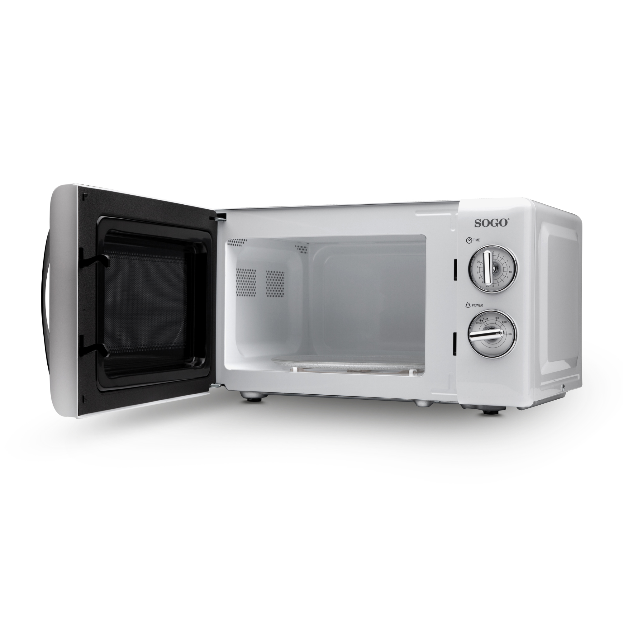 Forno a microonde SOGO bianco. Porta aperta. Due quadranti sul lato destro.