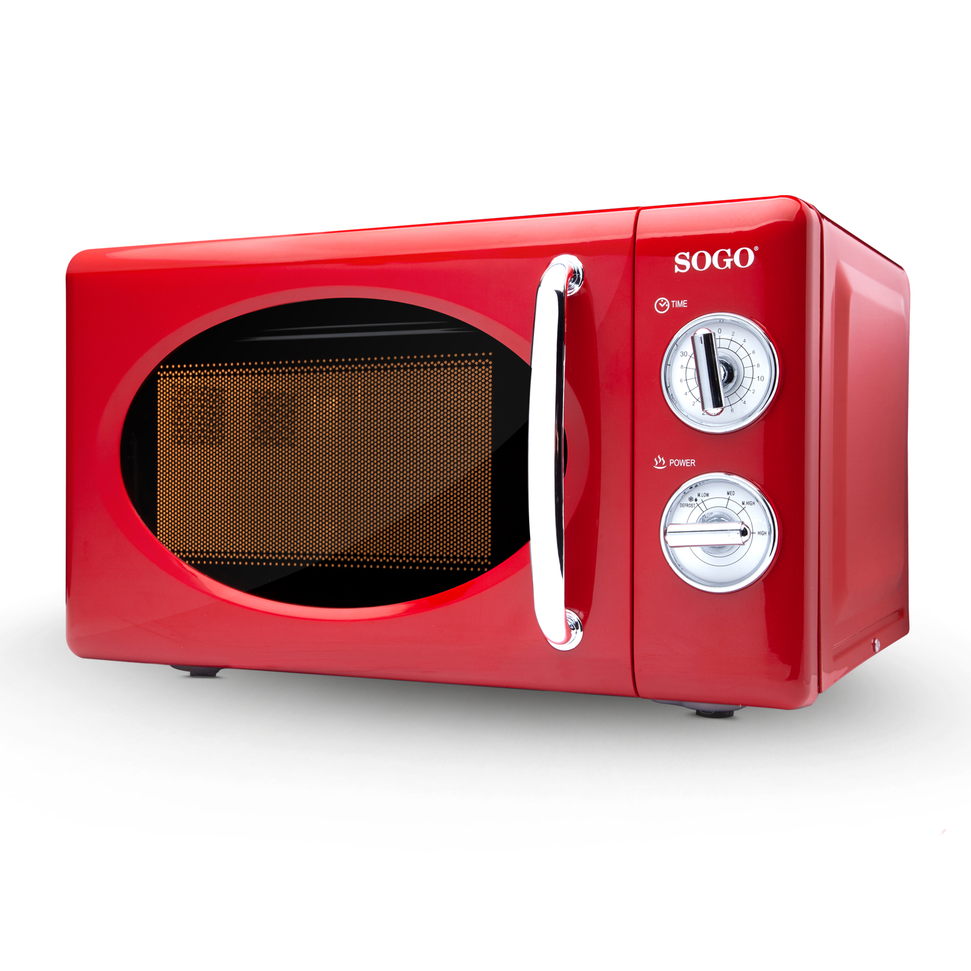 Horno microondas rojo con asa y controles cromados. El interior está iluminado.