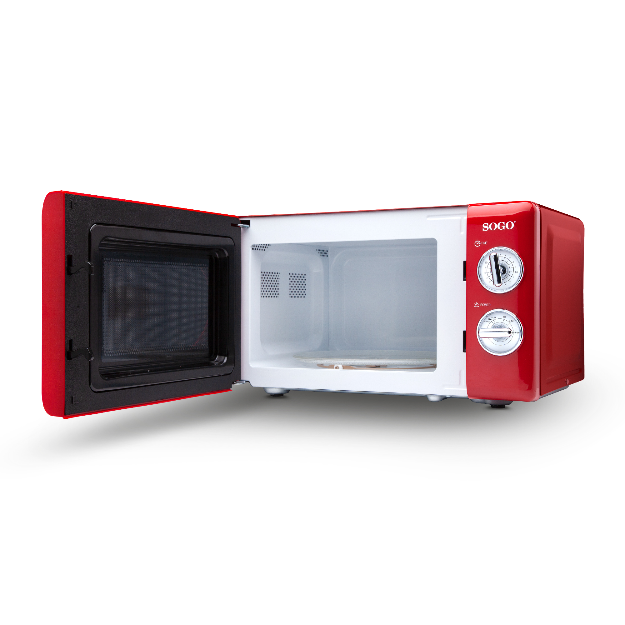 Microondas rojo con puerta abierta, interior blanco y panel de control a la derecha.