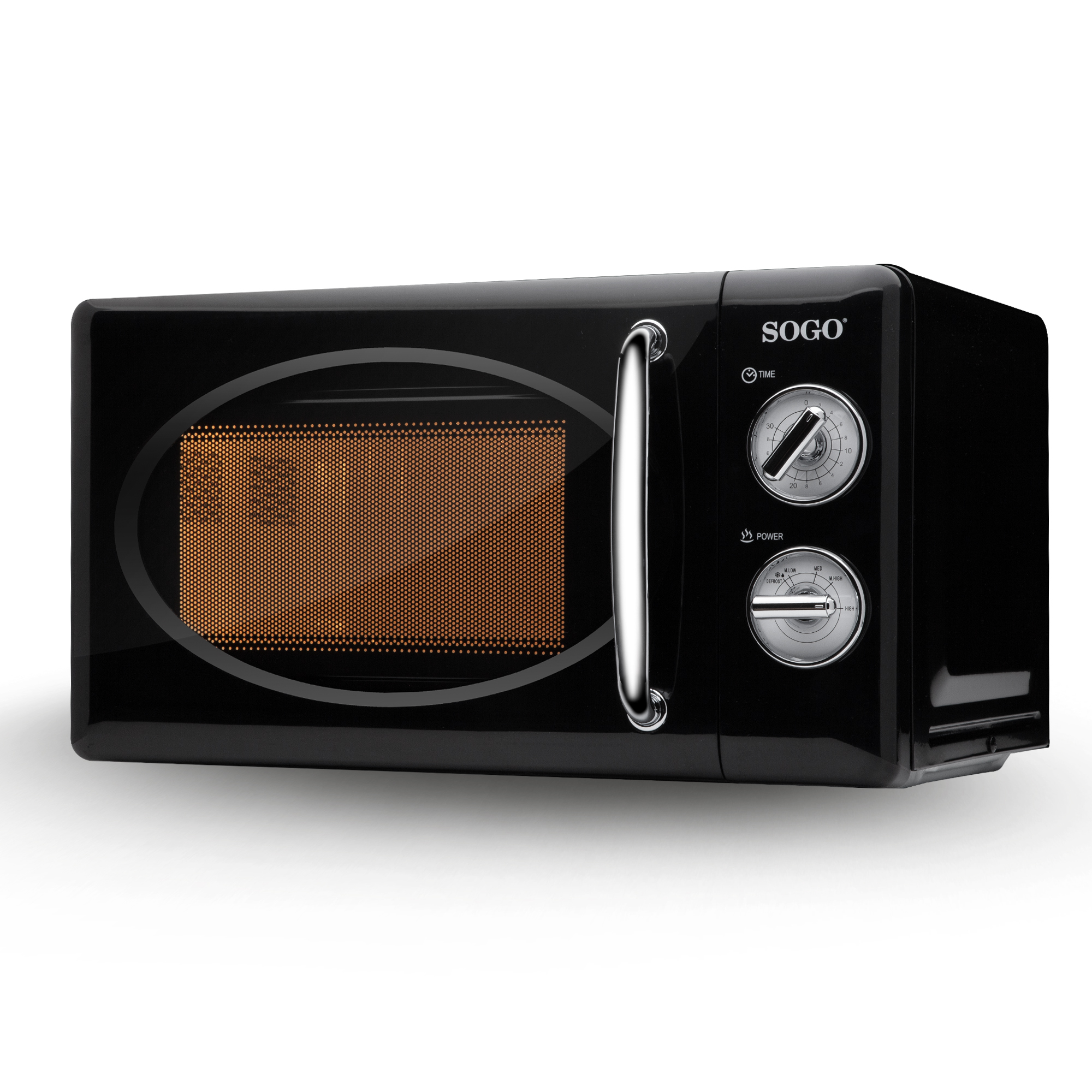 Microondas SOGO negro. Cuenta con un asa plateada y panel de control.
