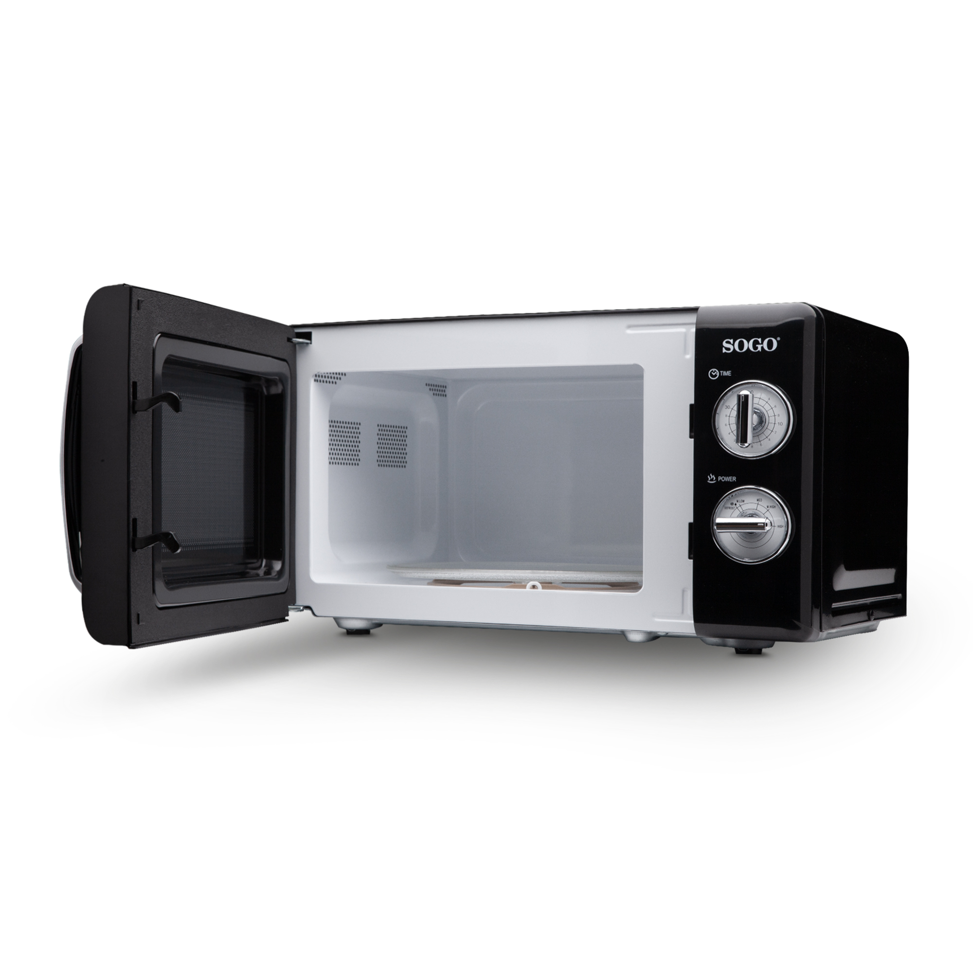 Microondas Sogo negro con puerta abierta, interior visible y panel de control.