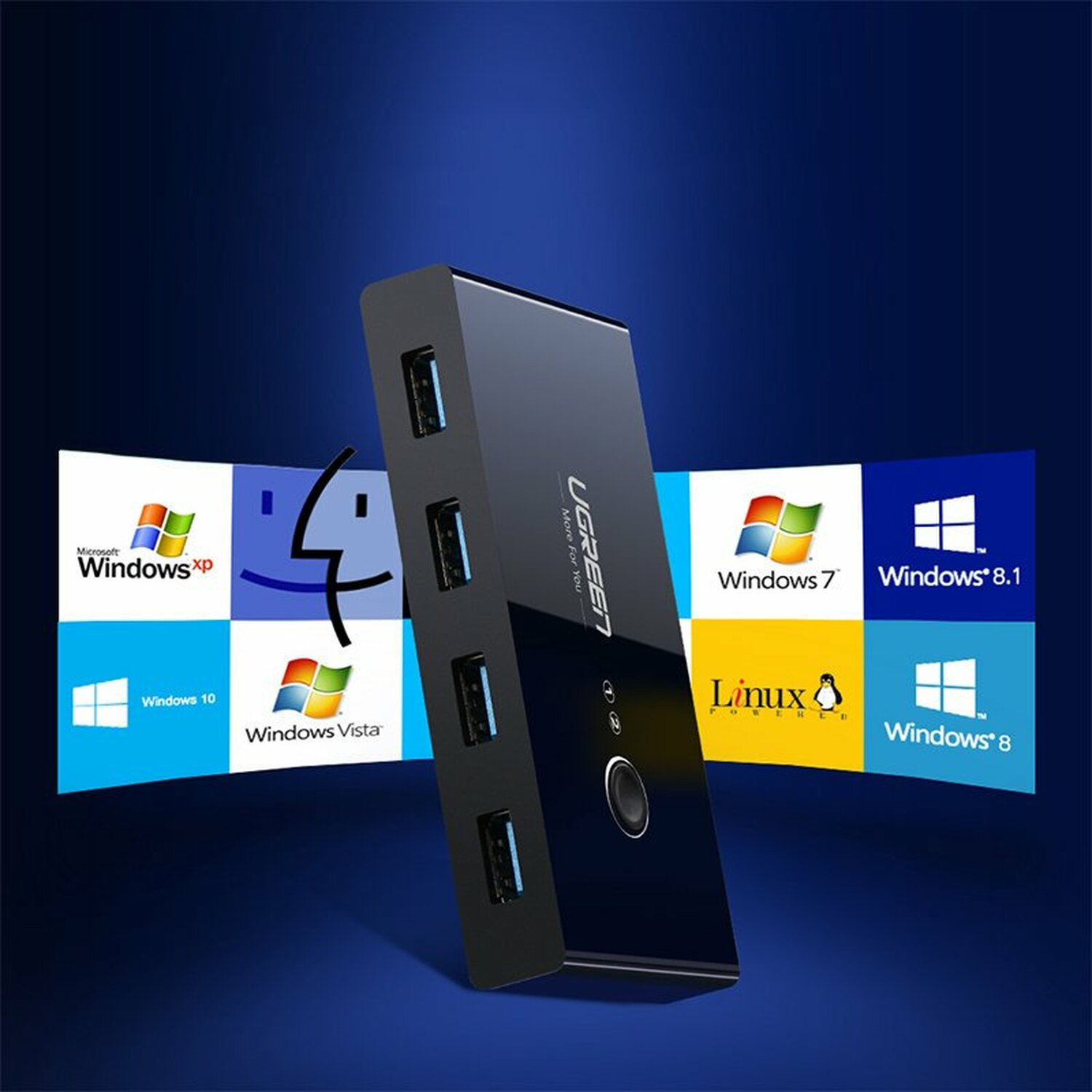 Schwarzer USB-Hub mit 4 Anschlüssen, mit Betriebssystemlogos im Hintergrund.