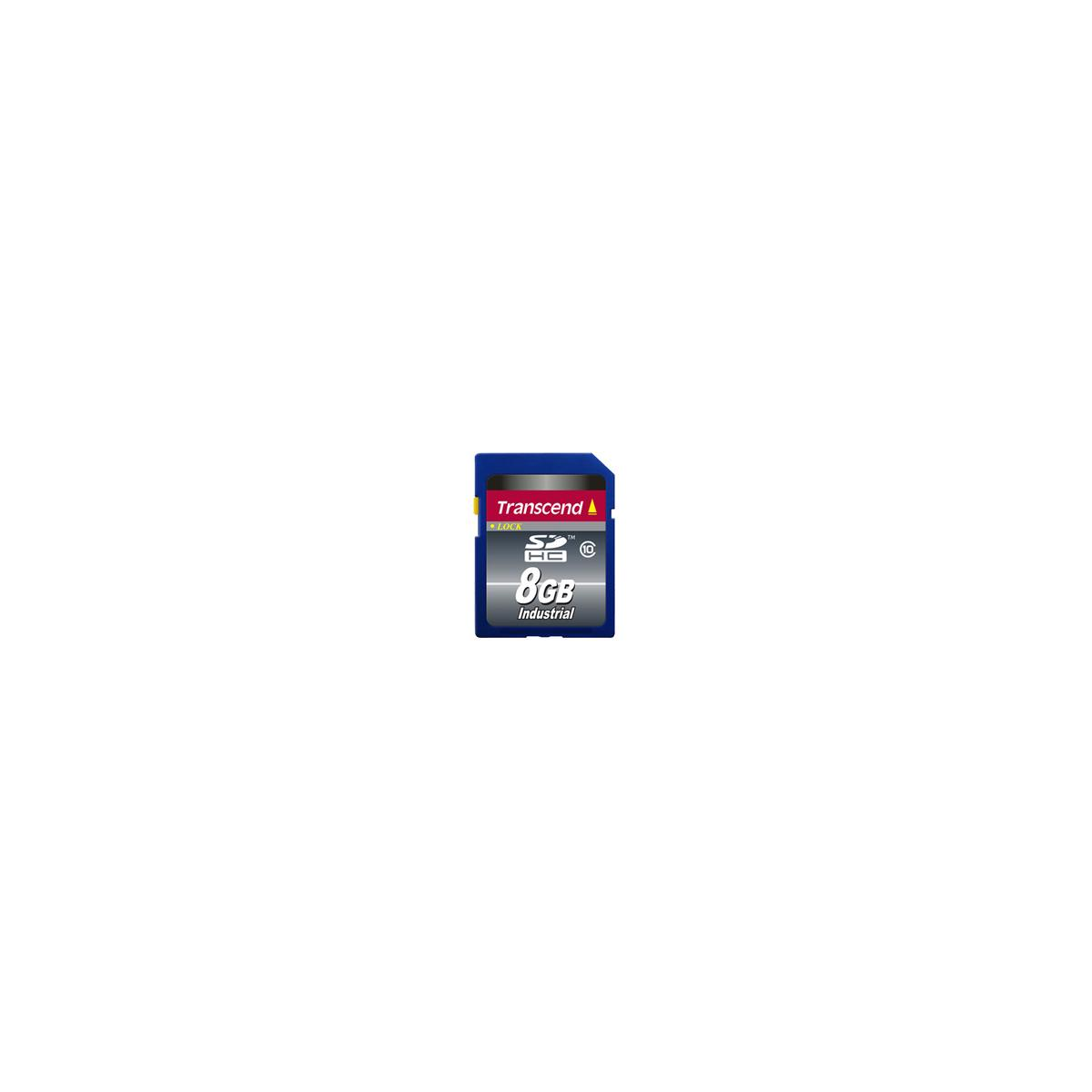 Blue and black SD card. Reads 'Transcend' and '8GB industrial'.