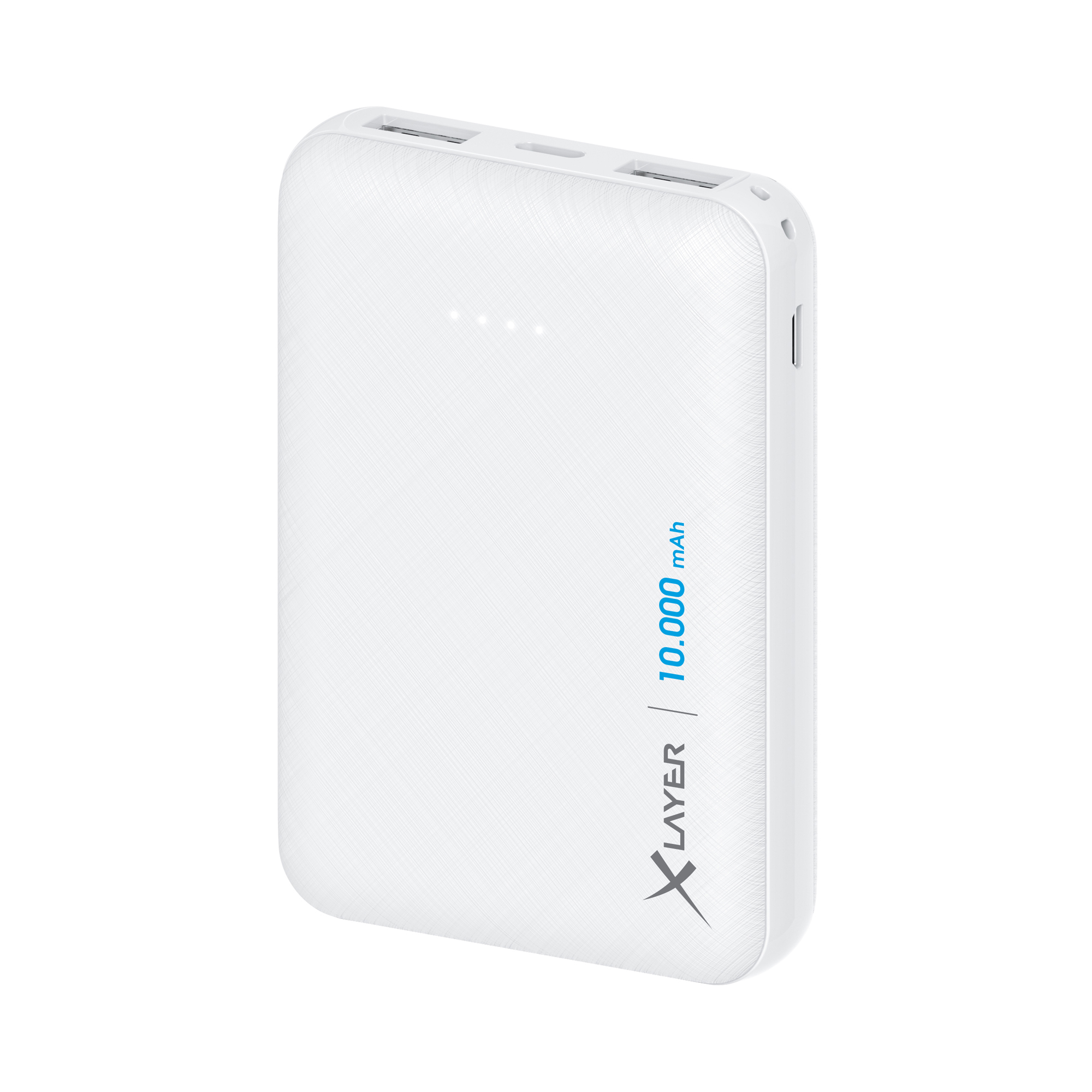 Eine weiße Powerbank mit dem Wort LAYER und der mAh-Kapazität auf der Vorderseite.
