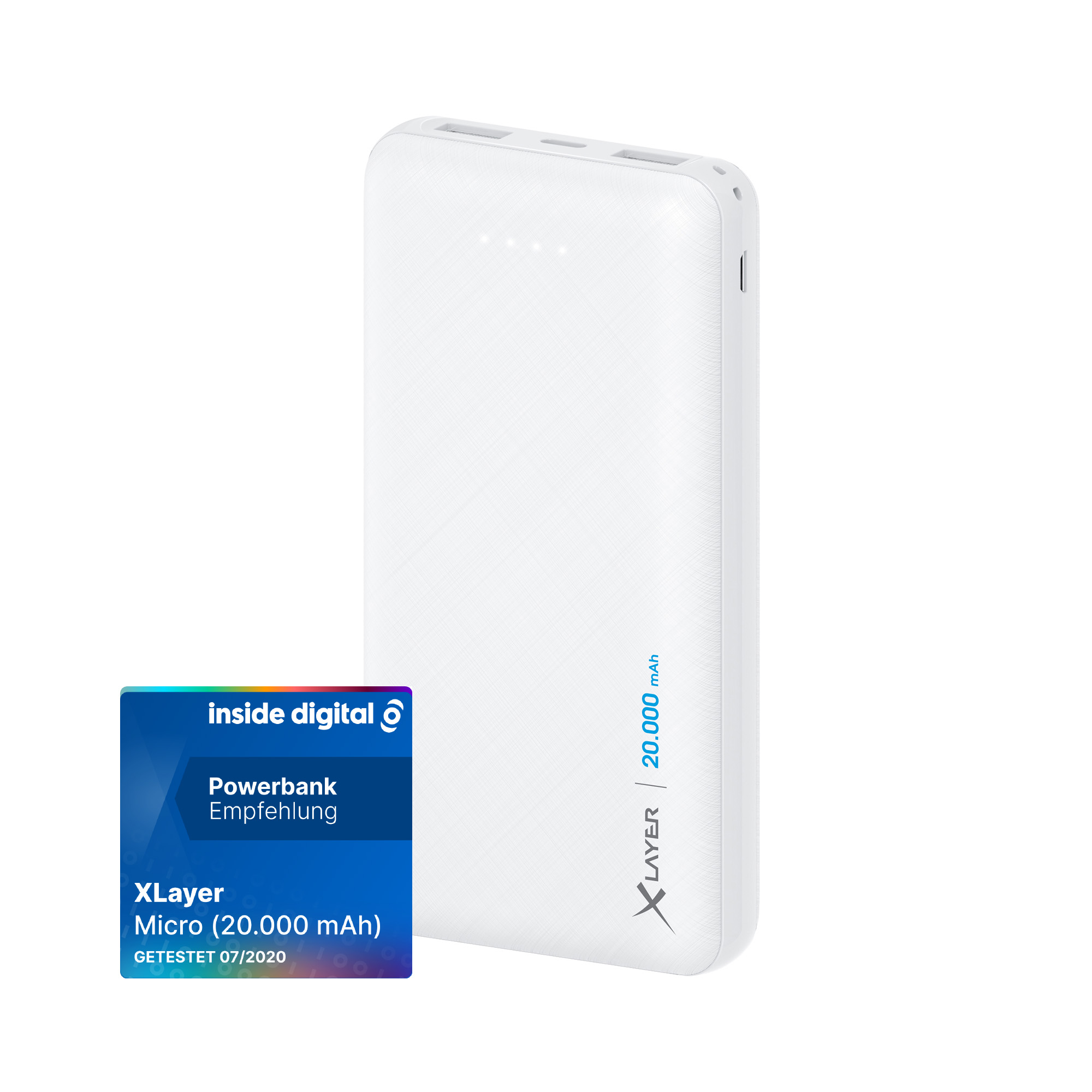 Un power bank bianco con il testo inside digital e un'etichetta Xlayer Micro (20.000 mAh). Sfondo bianco.