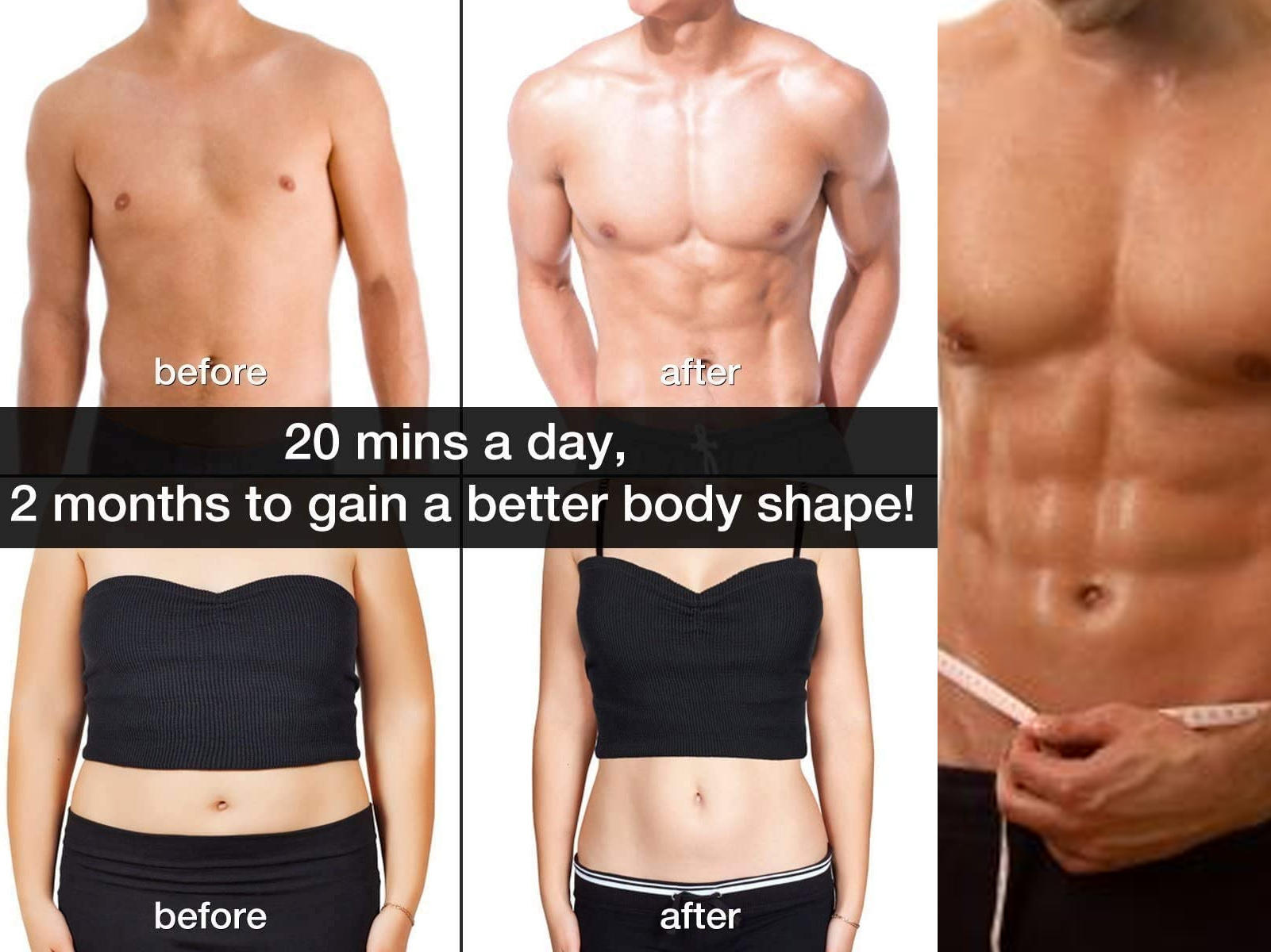 Imágenes de antes/después de hombres y mujeres. Muestran transformación corporal.
