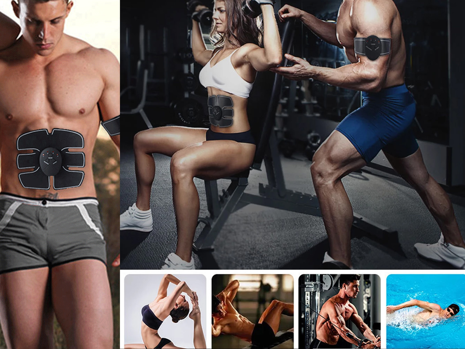 Personas usando dispositivos de estimulación muscular, múltiples escenarios, gimnasio, fondo blanco.