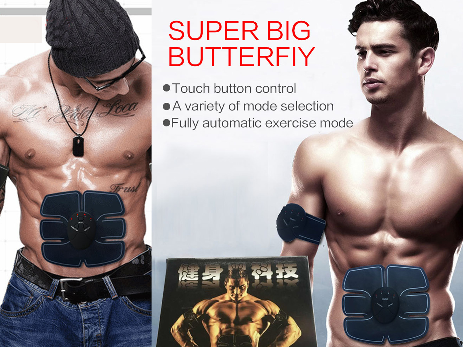 Dos hombres con estimuladores abdominales, uno en el cuerpo, uno en el brazo. Caja con hombre musculoso.