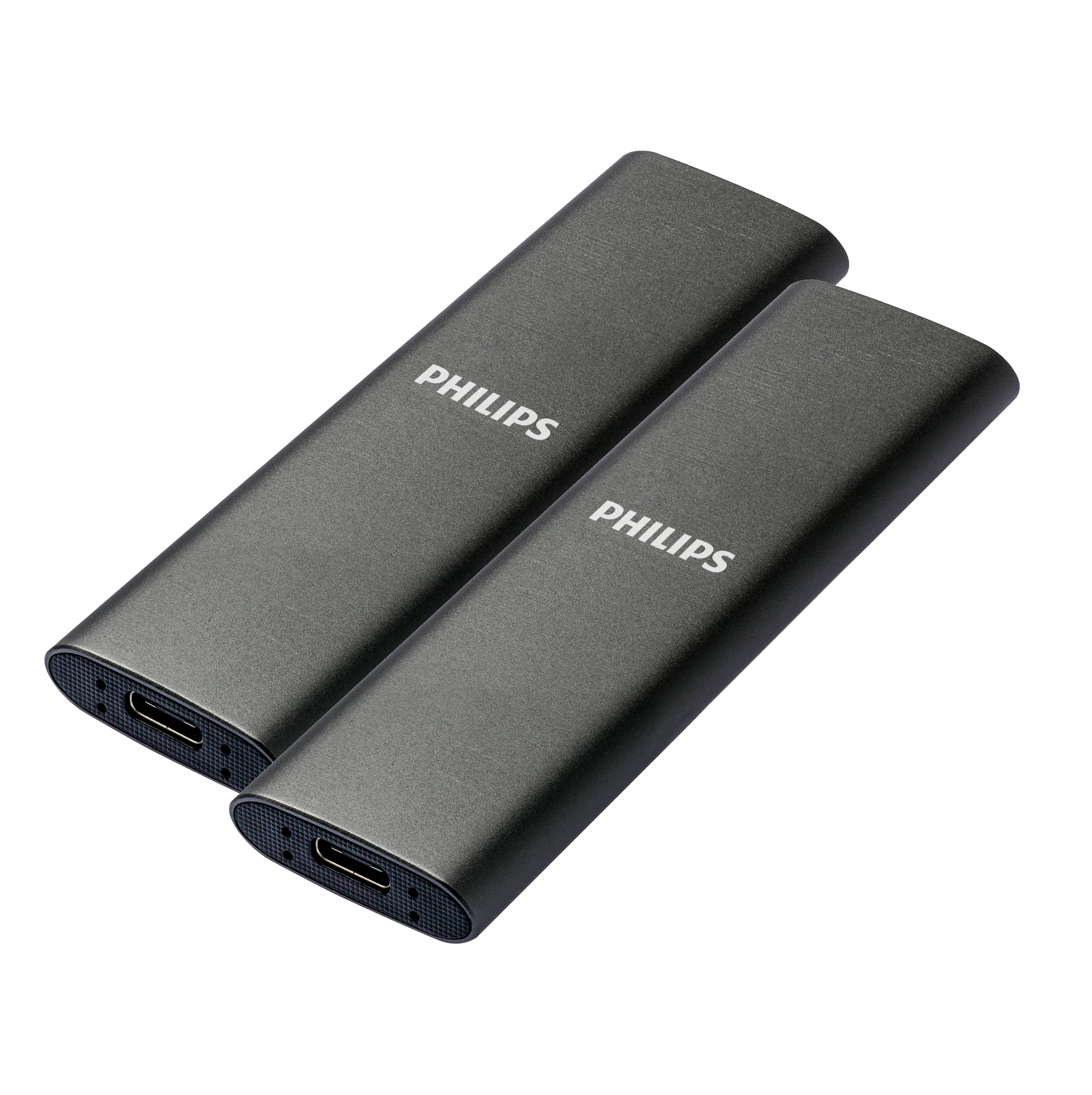 Zwei dunkelgraue externe Festplatten von Philips. Sie befinden sich auf weißem Hintergrund.