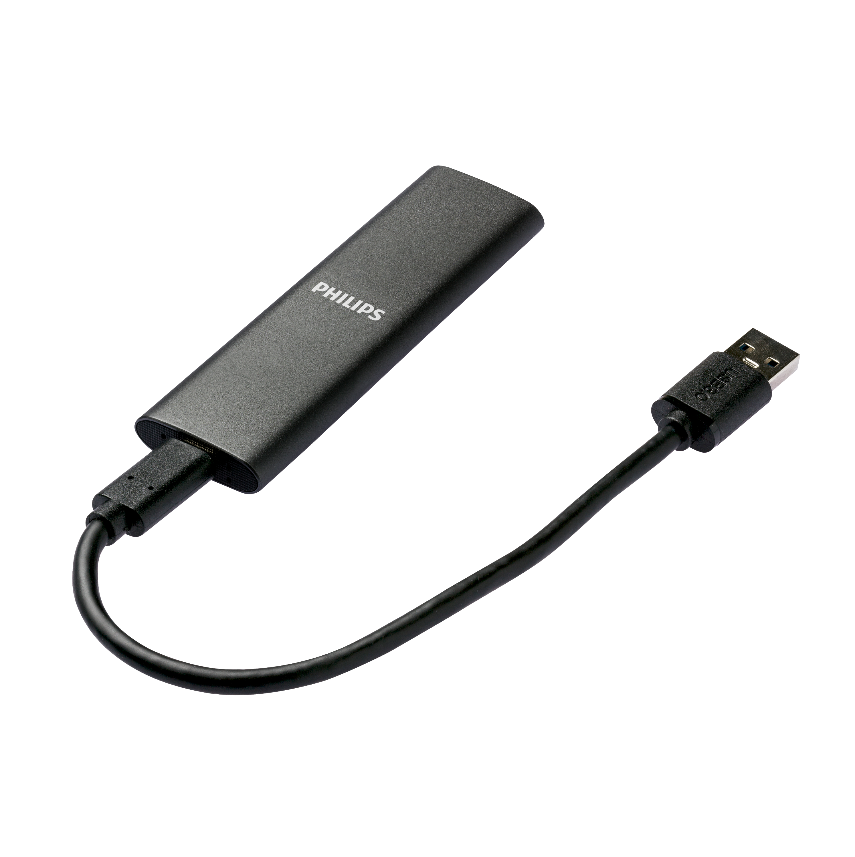 Schwarzer Philips USB-zu-USB-C-Adapter. Der Adapter ist ein kleines, rechteckiges Gerät mit Kabel.