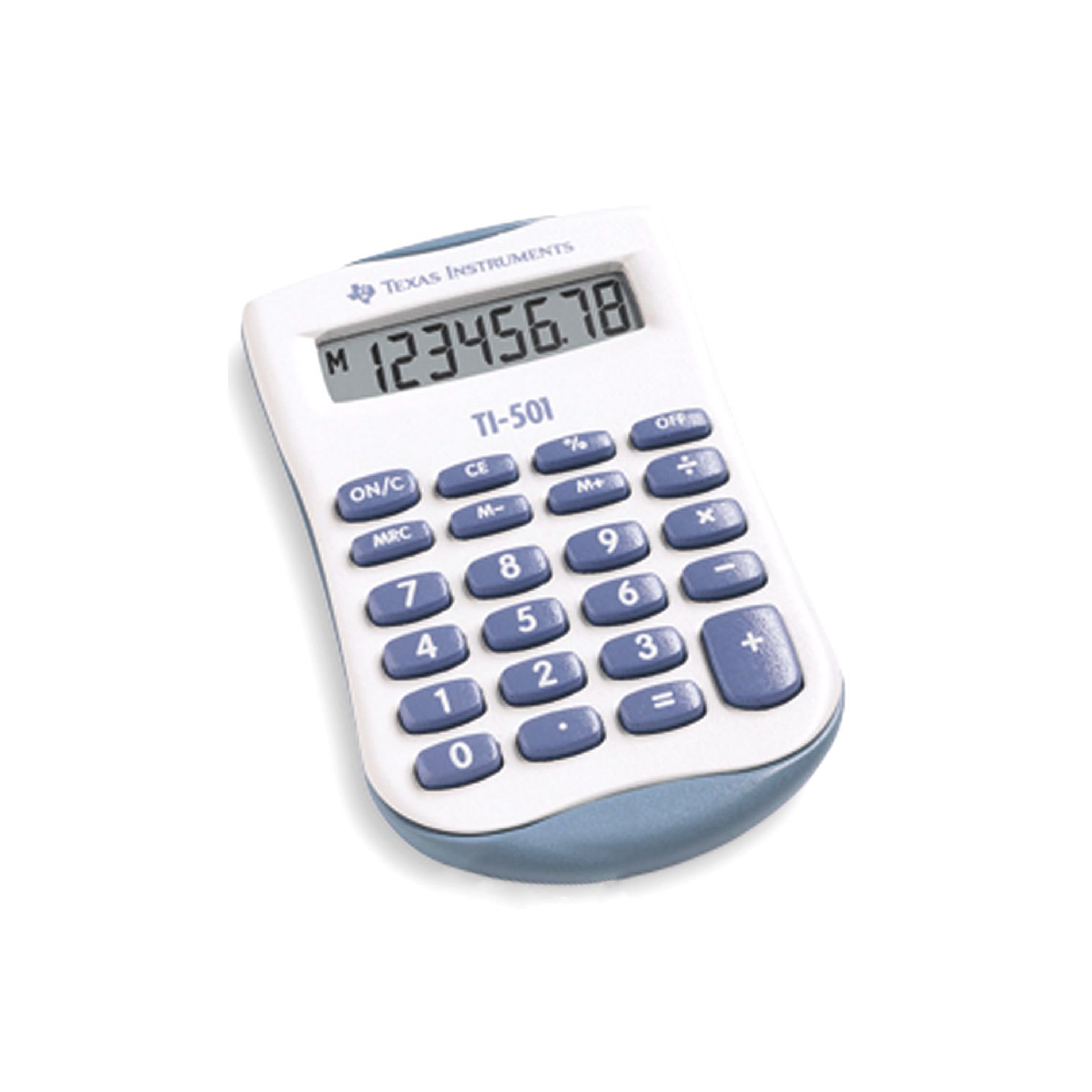 Biało-niebieski kalkulator z cyframi na ekranie i przyciskami.