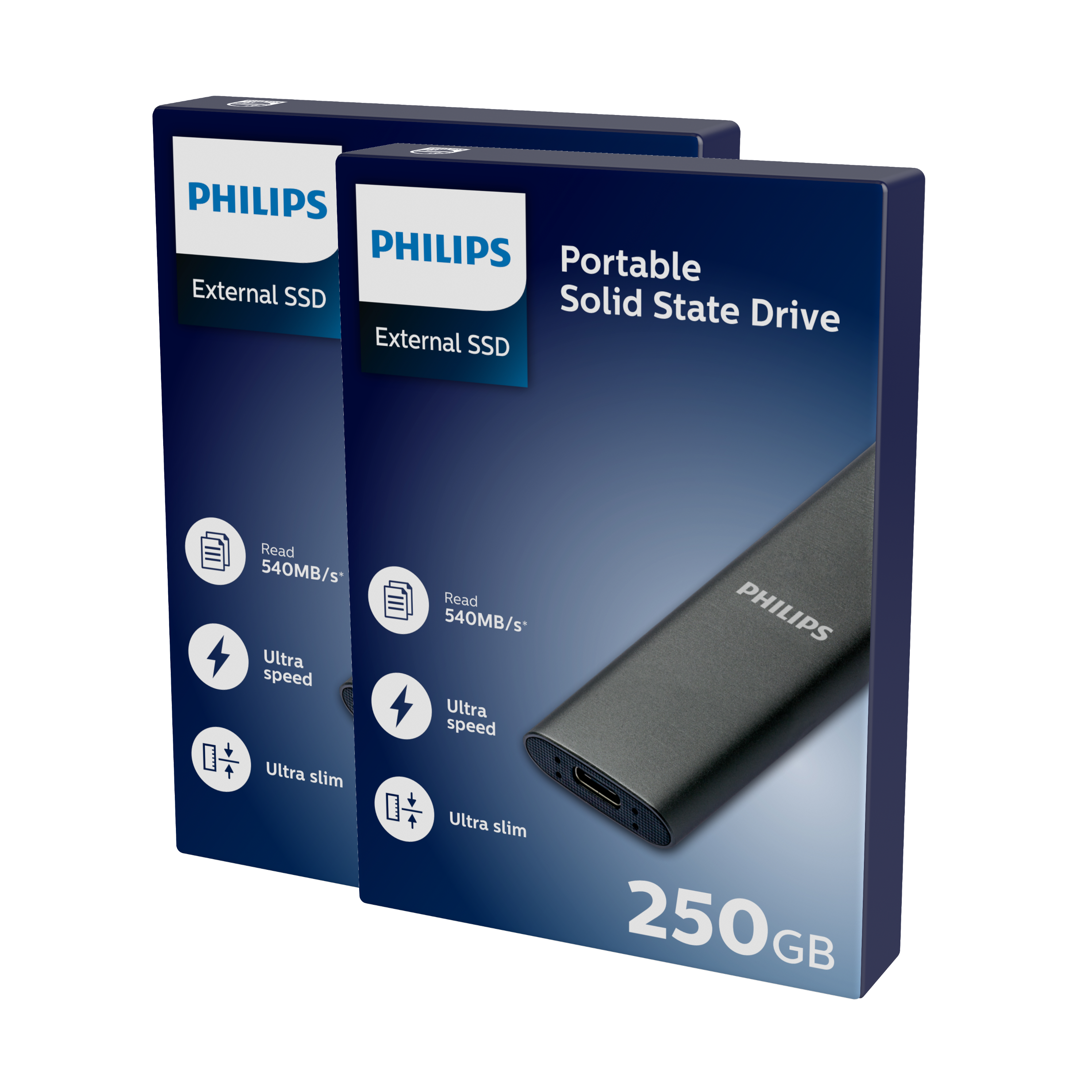 Zwei Philips externe SSD-Boxen, mit den Produktdetails auf dem Display.