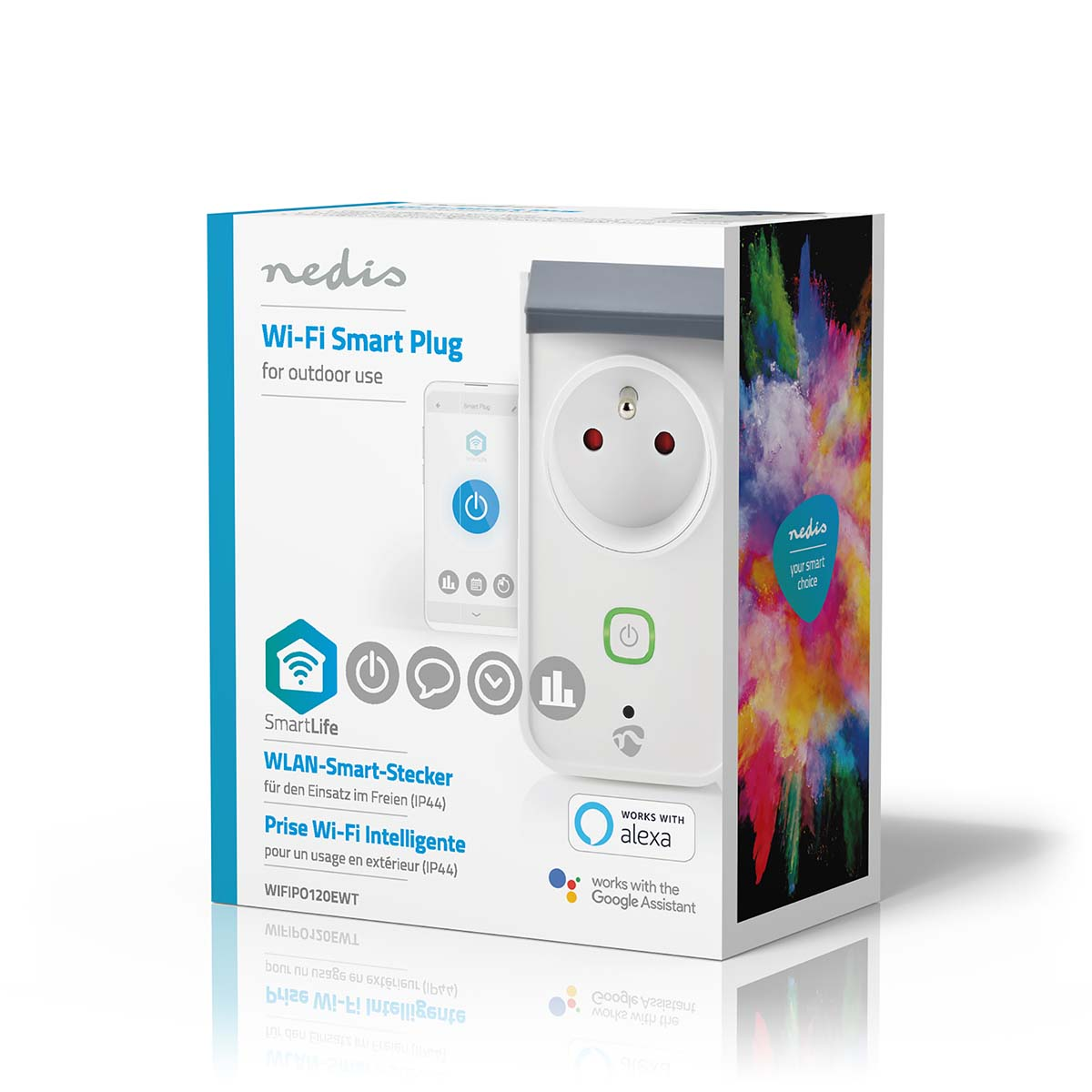 Eine weiße Box mit einem Smart-Stecker. Ein Telefon zeigt die App-Oberfläche.