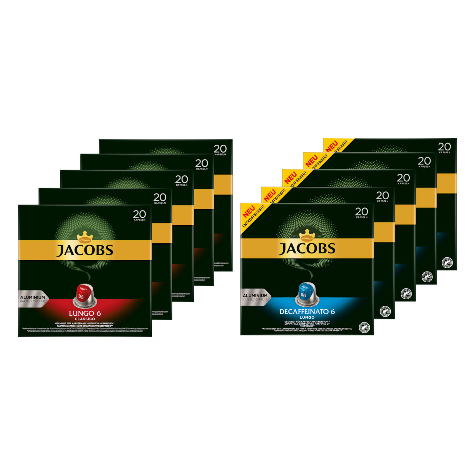 Lungo Classico JACOBS Nespresso®* 100 (Nespresso Lungo Kaffeekapseln & je 6 kompatible 6 System) Decaffeinato