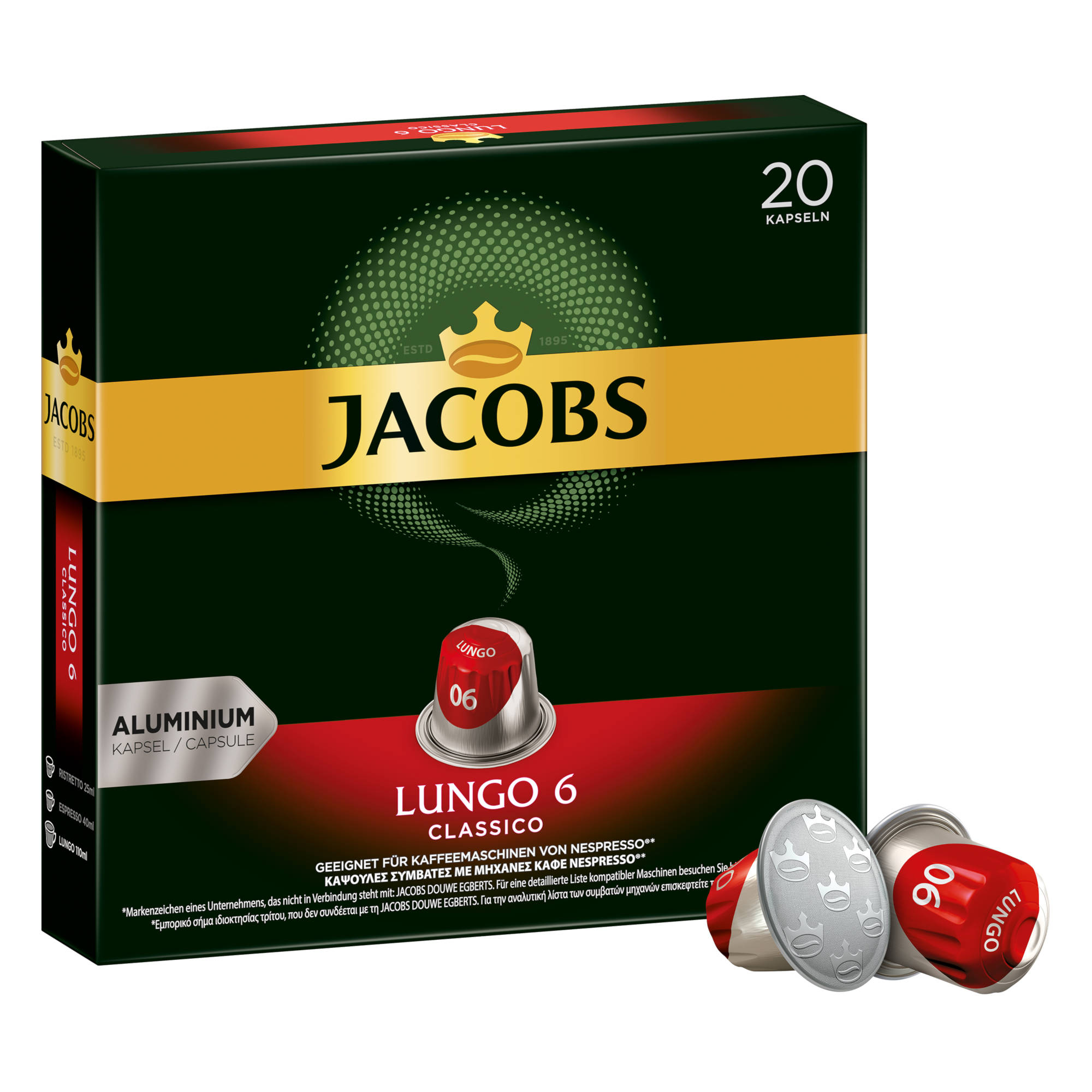 Lungo Classico JACOBS Nespresso®* 100 (Nespresso Lungo Kaffeekapseln & je 6 kompatible 6 System) Decaffeinato