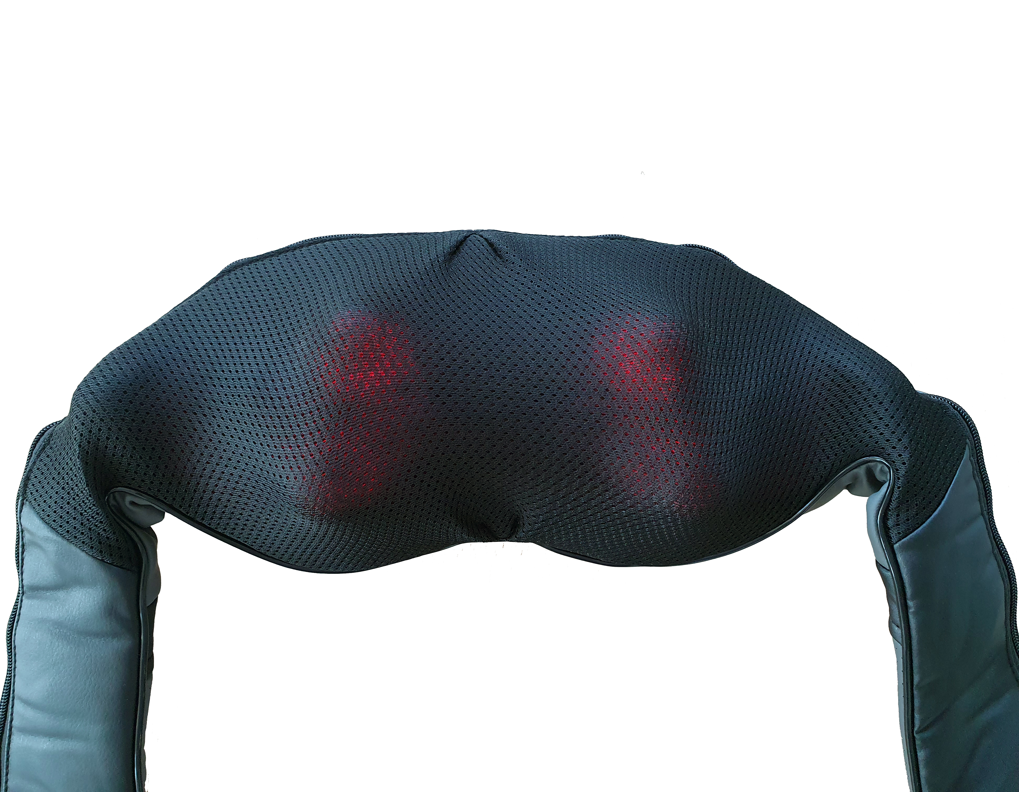 Ein schwarzes Massagegerät hat zwei rote Lichter. Das Werkzeug ist auf weißem Hintergrund.
